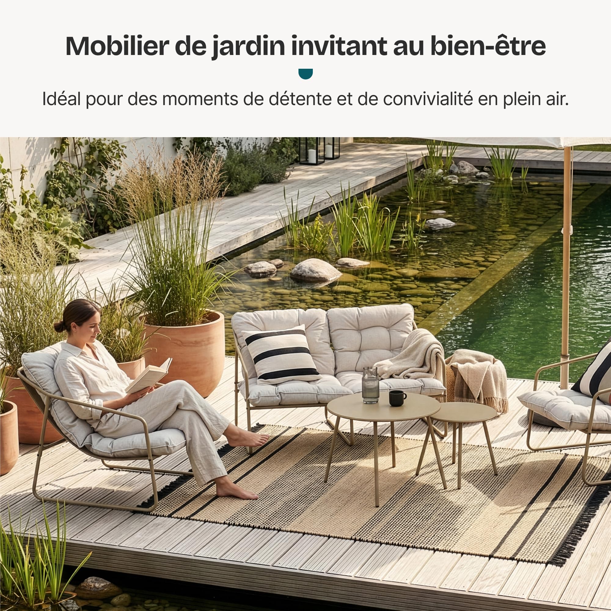 [en.casa] Salon de Jardin 5 Pièces Kivanta 2 Tables Banc 2 Chaises Beige
