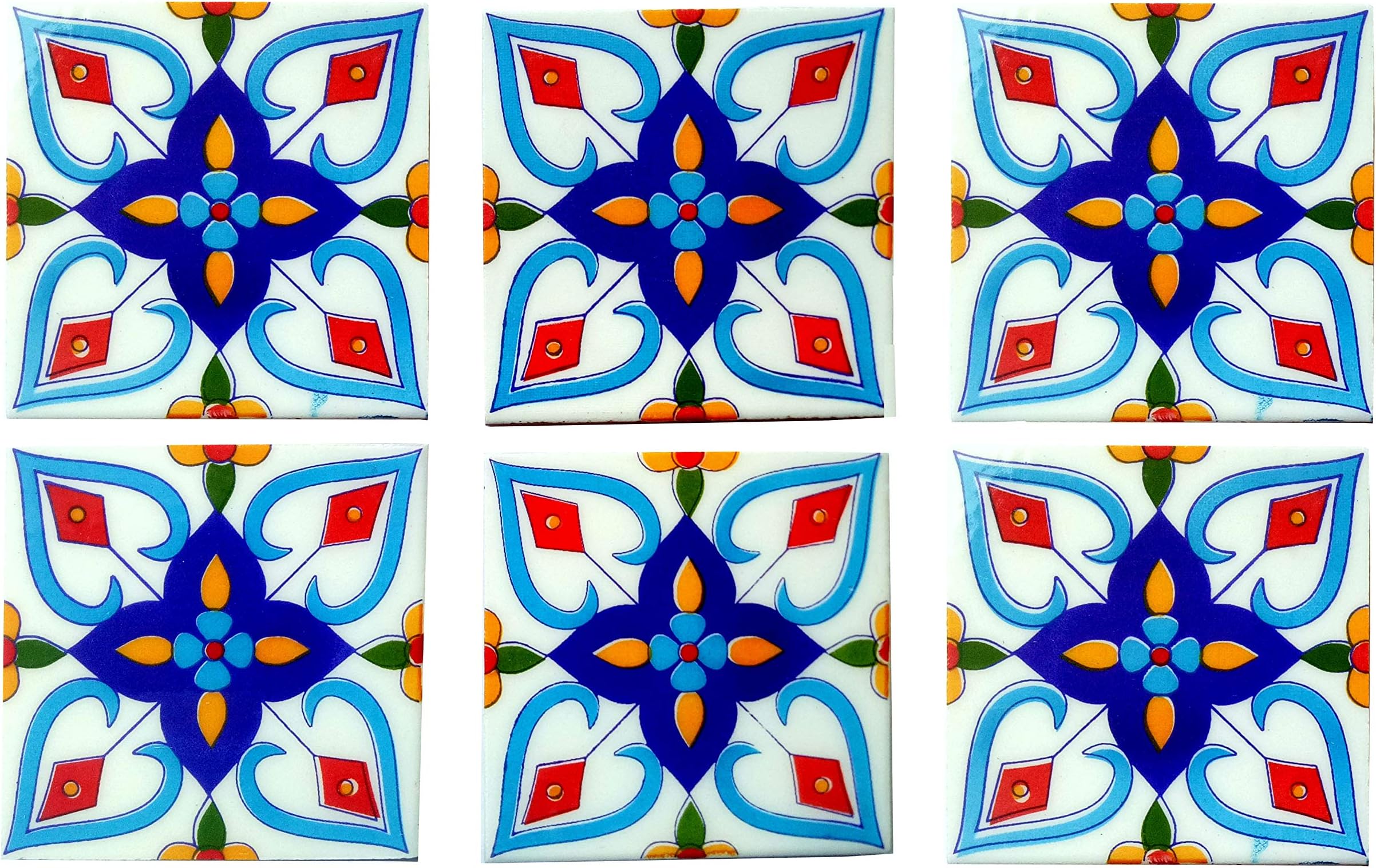 SHIV KRIPA Blue Pottery Floral Decorative Mosaic Wall Tiles (4 x 4 Inch Set of 6 Tiles)