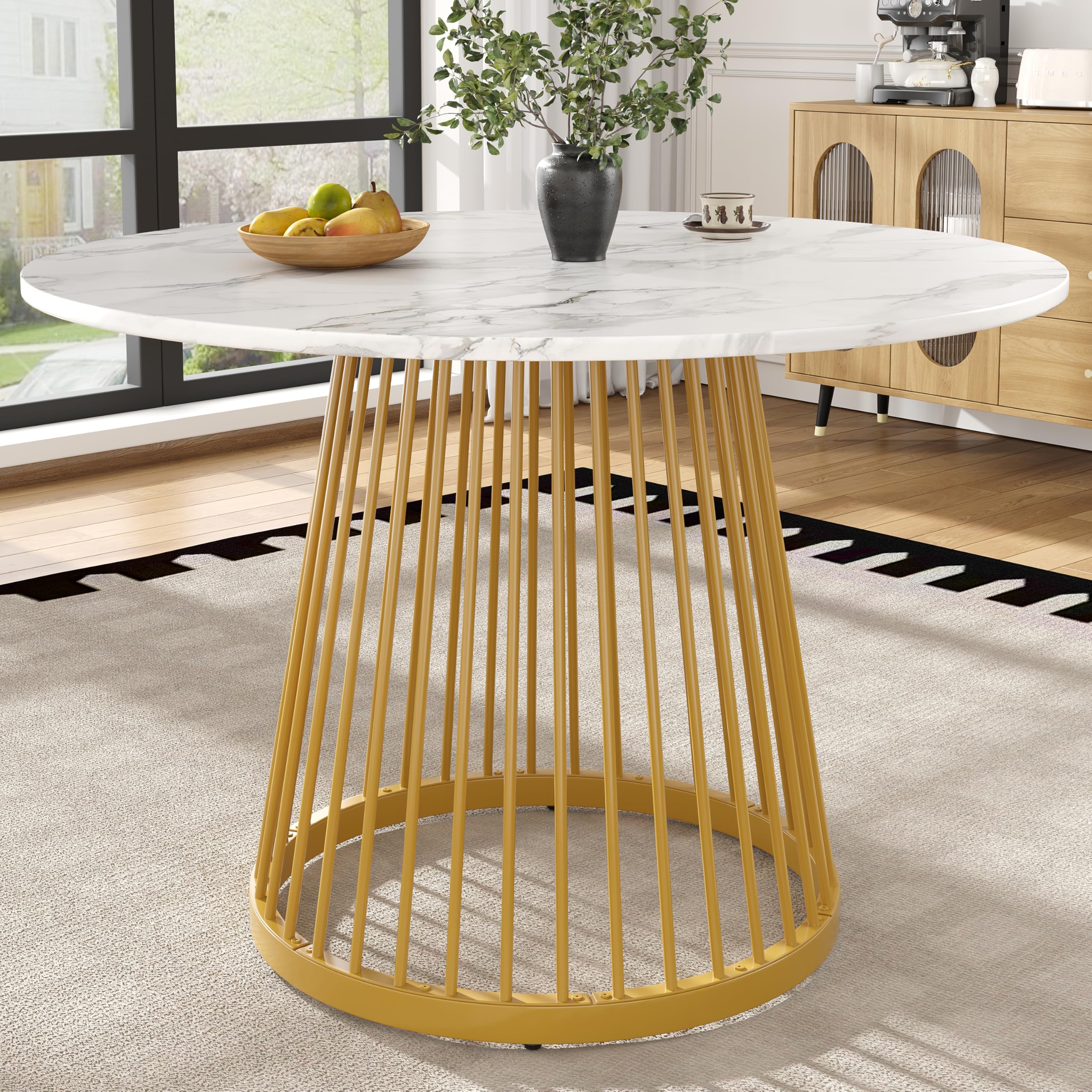 Merax Runder Esstisch Klein Tisch 80cm, Moderner Küchentisch Esszimmertisch für 4 Personen, MDF-Tischplatte mit Marmormuster, Stabiles Zylindrischer Sockel, für Küche, Wohnzimmer, Esszimmer, Gold