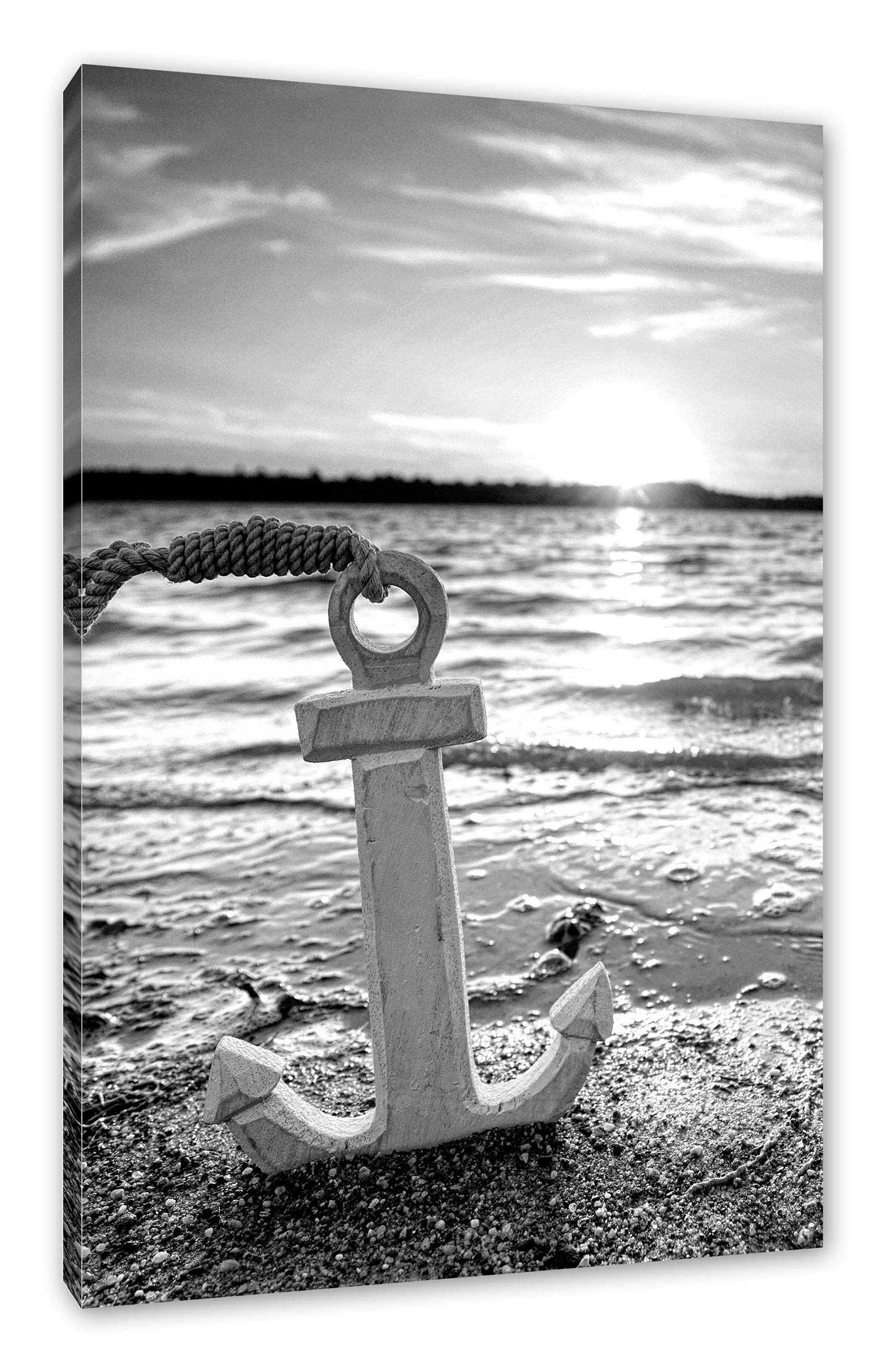 Pixxprint Anker am Ostseestrand im Sonnenuntergang, Monochrome, Größe: 120x80cm, Leinwandbild, fertig gespannt, Wandbild, Dekoration, Kunstdruck, kein Poster