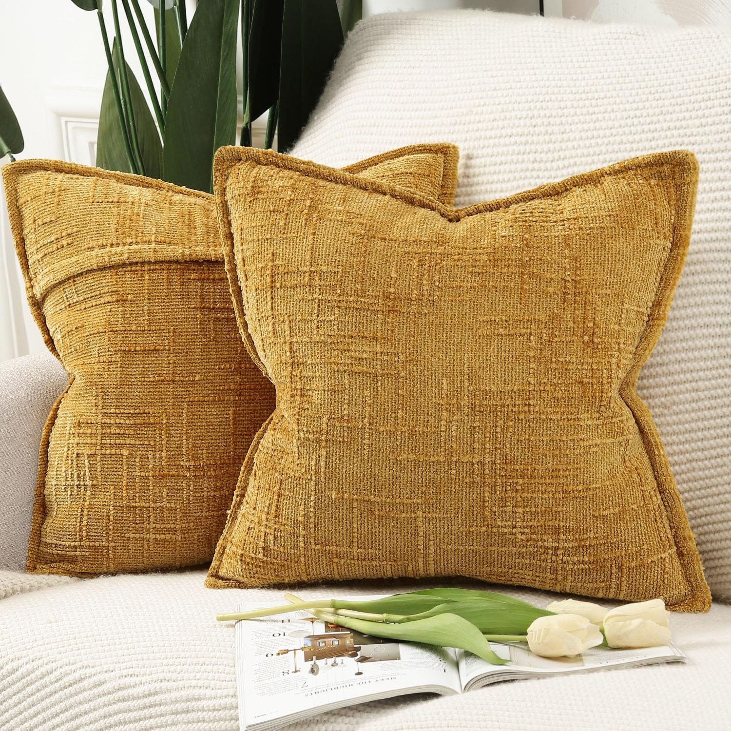 Madizz 2er Set Chenille Dekorativ Kissenbezüge Weiche neutrale Wurfkissen für Sofa Boho Akzent Zierkissenbezüge für Schlafzimmer Wohnzimmer Modernes Zuhause Dekor Gelb 50x50 cm