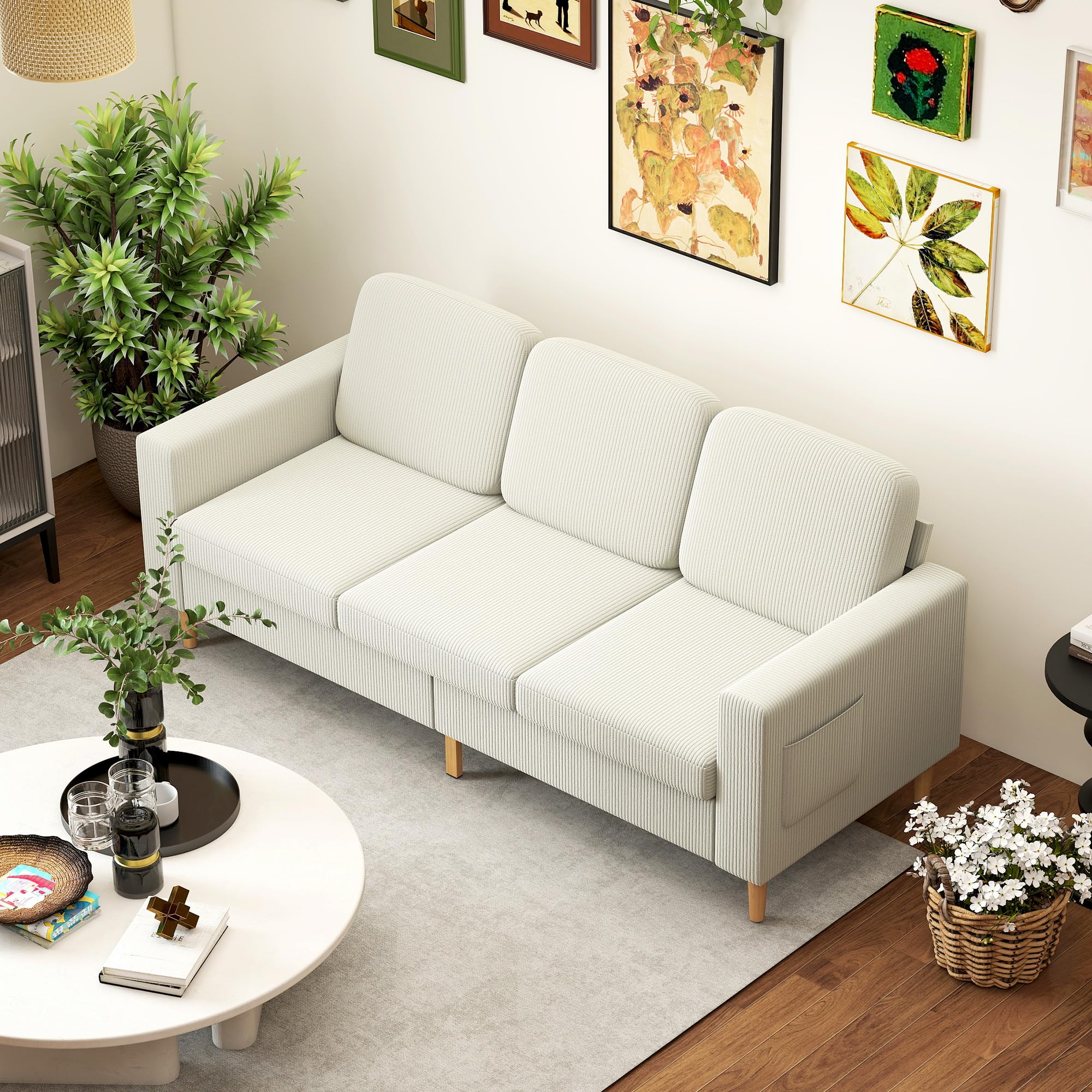 HOMCOM Divano a 3 posti in velluto a coste, design moderno, divano con cuscini a molle e seduta imbottita, ideale per soggiorno, camera da letto o ufficio, 192 cm, beige