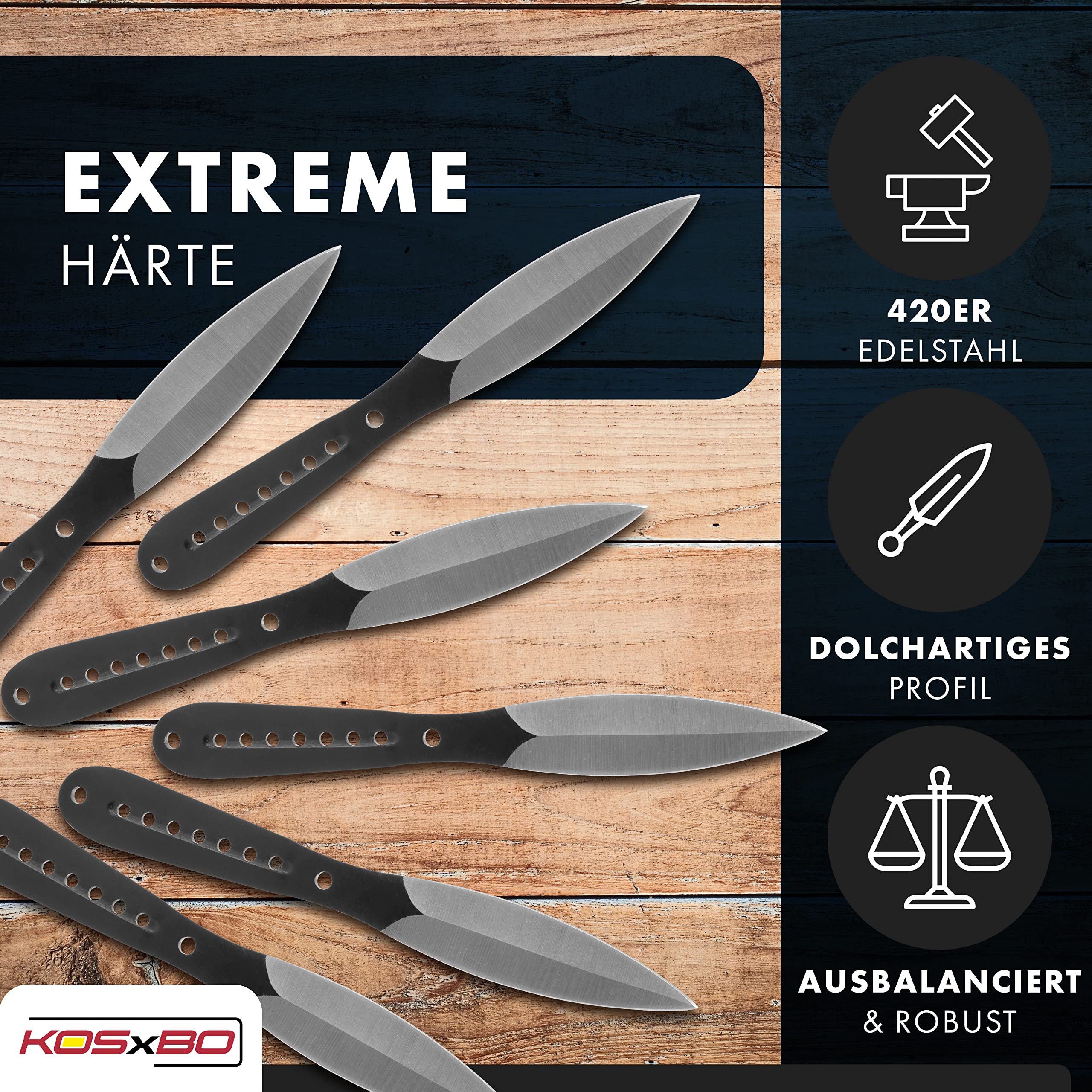 KOSxBO® 6 teiliges Wurfmesser Set 22,5 cm schwarz Tomahawk Edition inklusive Cordura Holster mit Gürtelclip 6 hochwertige Throwing Knives - Ninja Wurfmesser