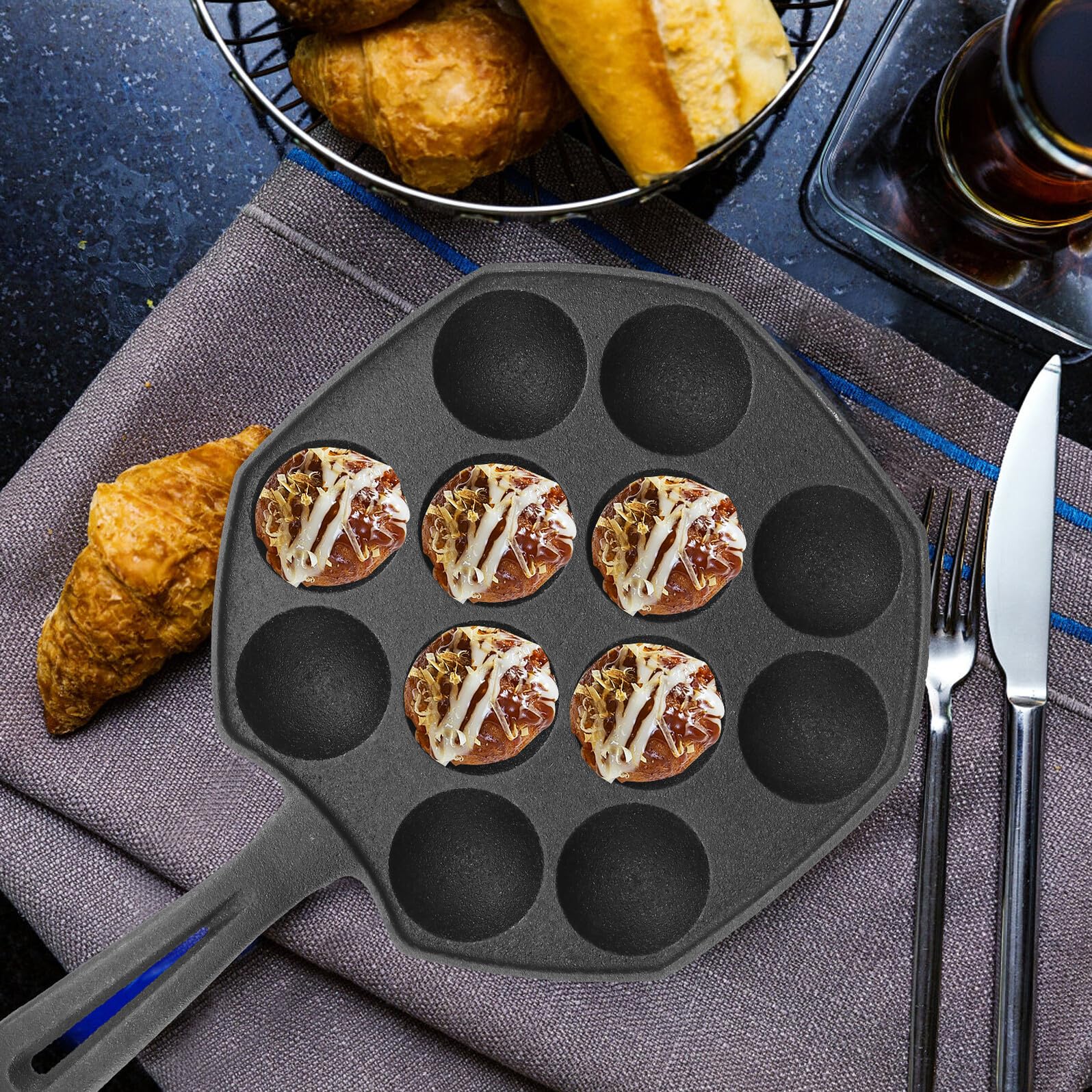 ULTECHNOVO Gusseisen Takoyaki Pfanne Mulden Antihaft Grillplatte für Induktion Takoyaki Maker Octopus Fleischbällchenform Eierformen Backform für Gefüllte Pfannkuchen
