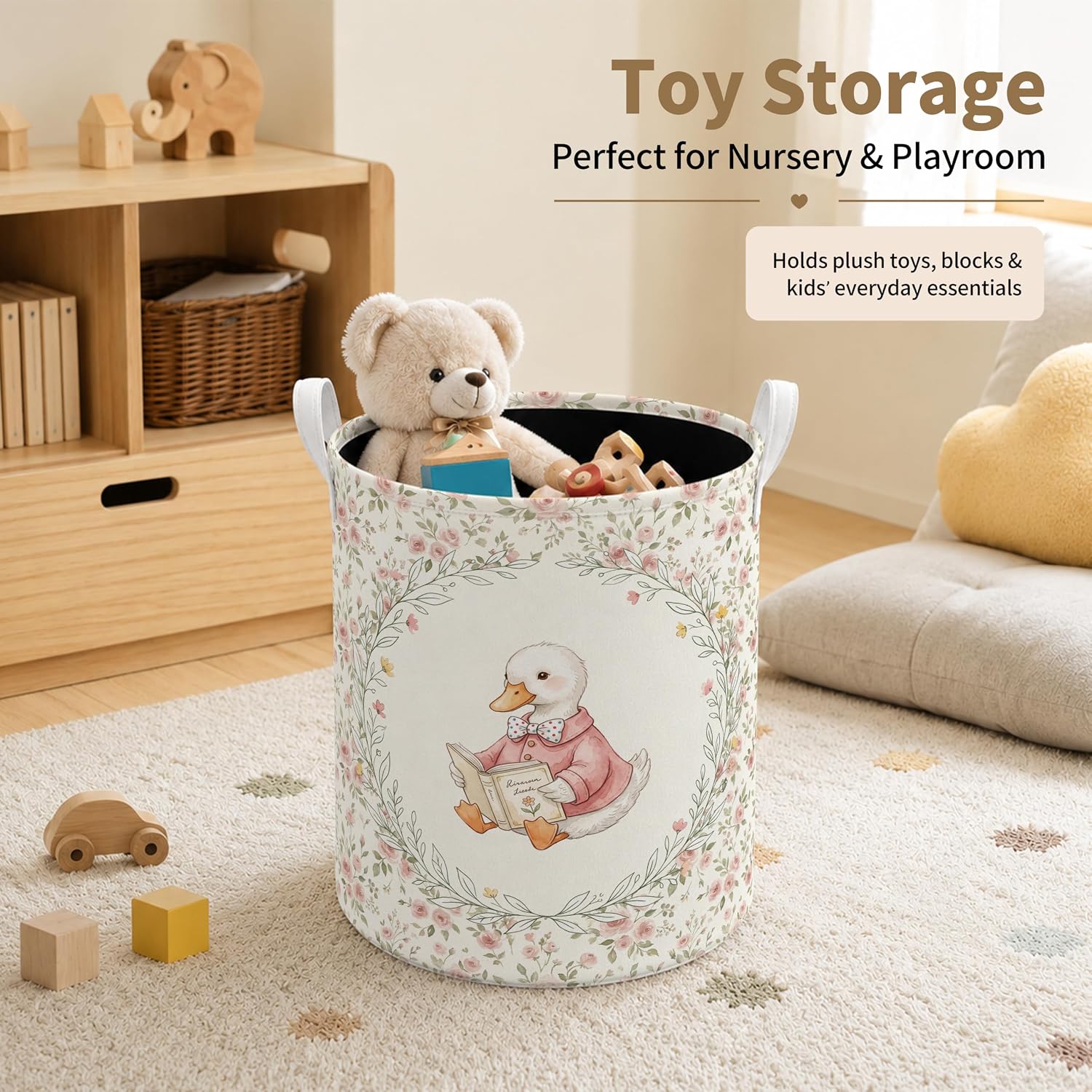 Duck Nursery Laundry Basket, Duck Lover Gifts, Cottagecore Animal Book Lover Waterproof Laundry Hamper Clothes Toys Storage Organizer Bin for Kids Bathroom Bedroom Nursery image 4