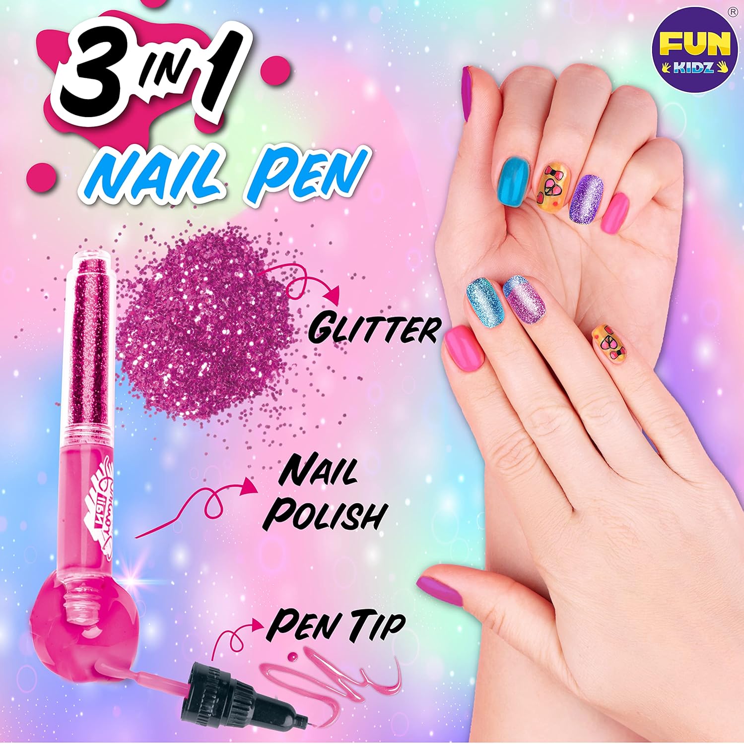 Nail Polish Kit for Kids Ages 7-12, FunKidz Nail Pens Combo Kit Girl Gift Peelable Nail Art Studio Set with Cool Girly Decoration Stuff- Polish, Pen, Pearls, Glitter, Stickers, Filer, Gems : Beauty & Personal Care