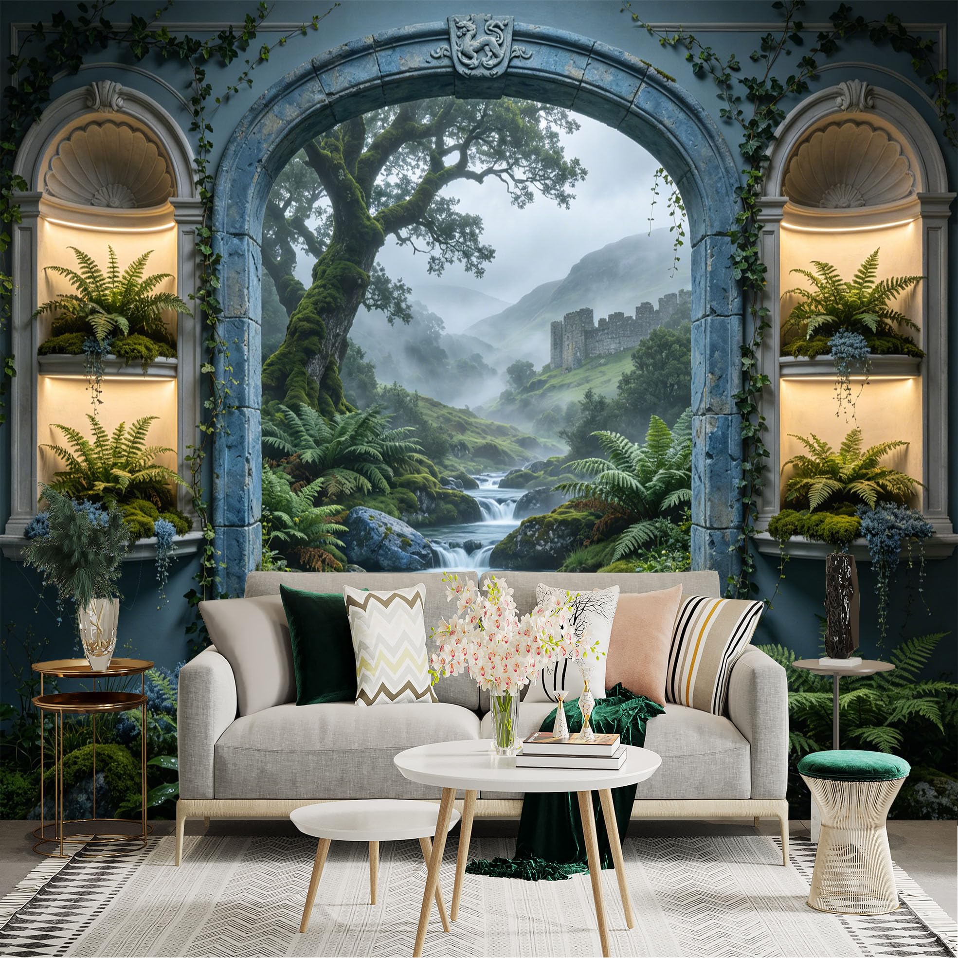 Lnzczhyre Dbh260521268 Custom Size Wall Sticker Mural， Ancient Stone Archway， Misty Forest Stream， Lush Green Valley， Mossy Rocks， For Wall Decoration， Peelandstick Wall Decals.