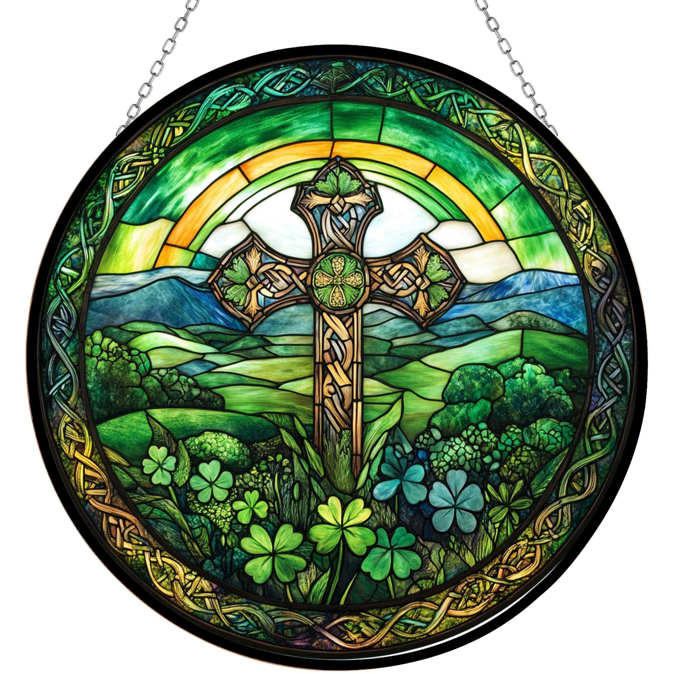 365CUSGIFTS Irish Cross Stained Glass Sun Catcher, Wall Hanging Colored Decor Room Indoor Window Decor, Halloween, Christmas Hanging Ornament Mother Day