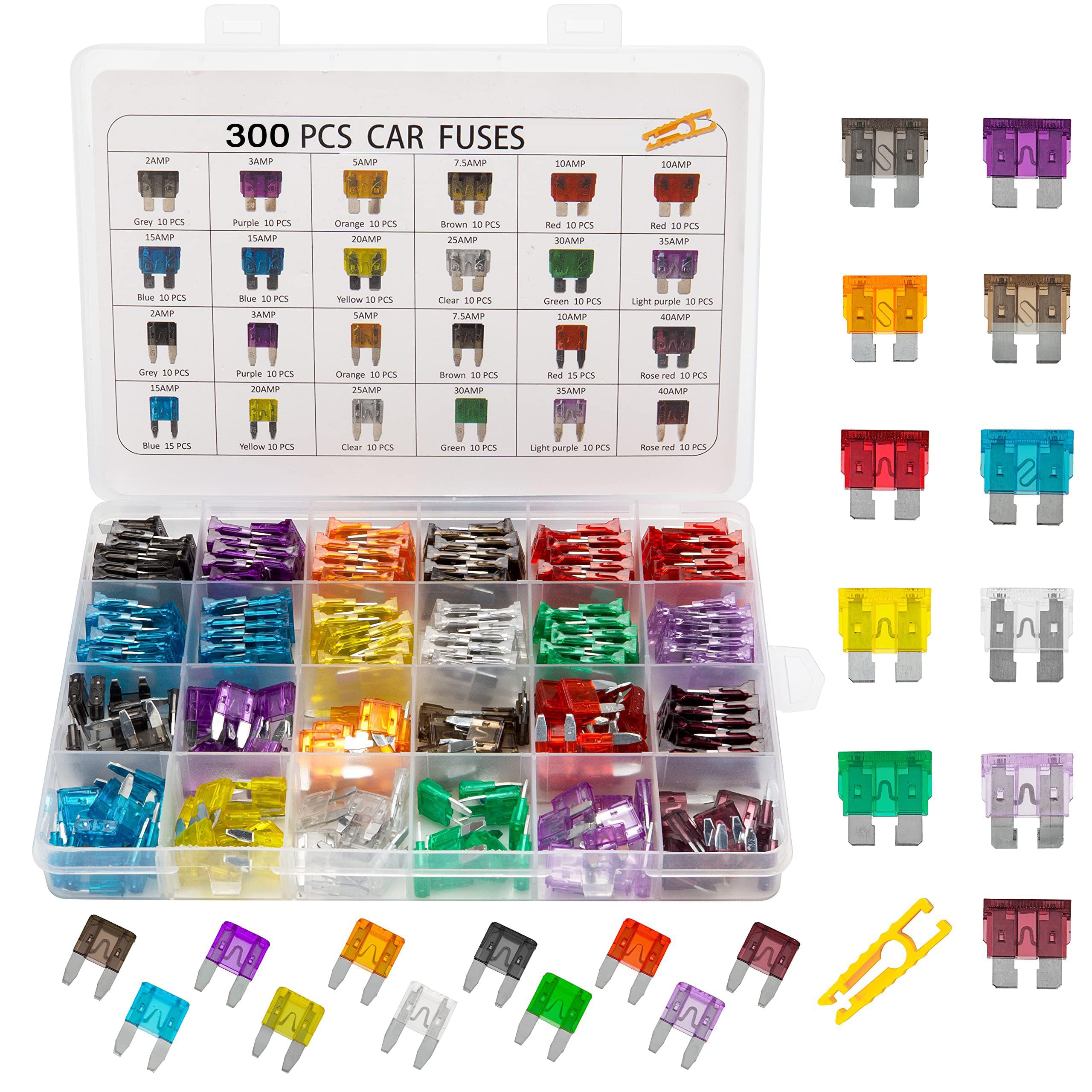 300Pcs Fuses Assortment Kit, Standard and Mini Blade Fuses, 2A-40A For Automotive, Boat, Truck, SUV With Puller Extraction Tool
