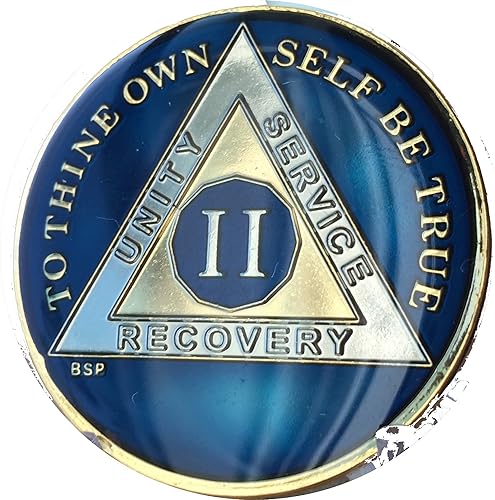 Miniatura 6 de 2 años azul medianoche AA Alcohólicos Medallón Anónimo Chip Tri Plate Oro y Níquel Chapado en Oración de Serenidad