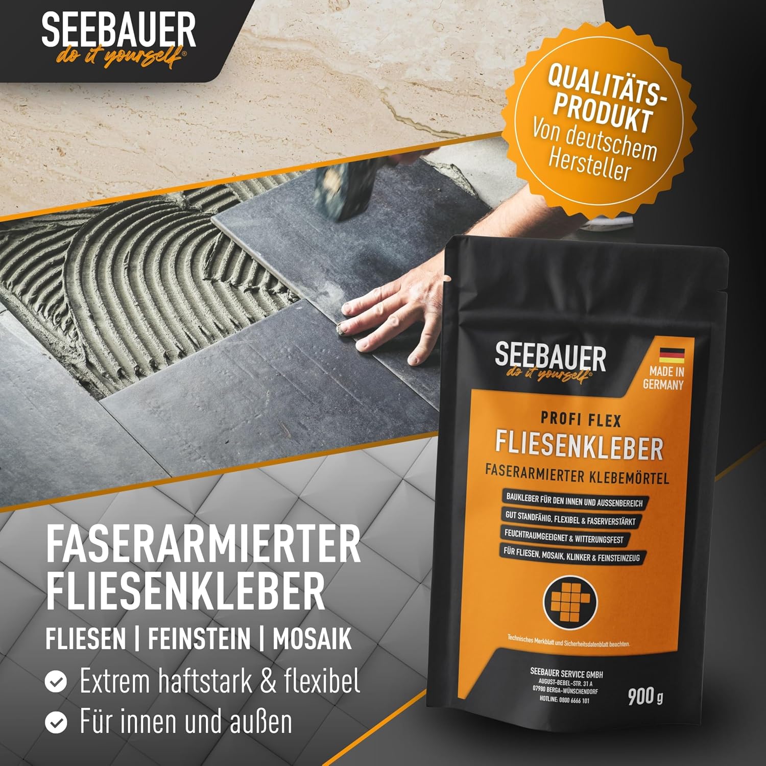 Profi Flex-Fliesenkleber 5 kg - Faserarmierter Flexkleber für Wand- & Bodenfliesen, Mosaik, Riemchen & Klinker - Auch für Heizestrich geeignet - Wiederverschließbar im Eimer