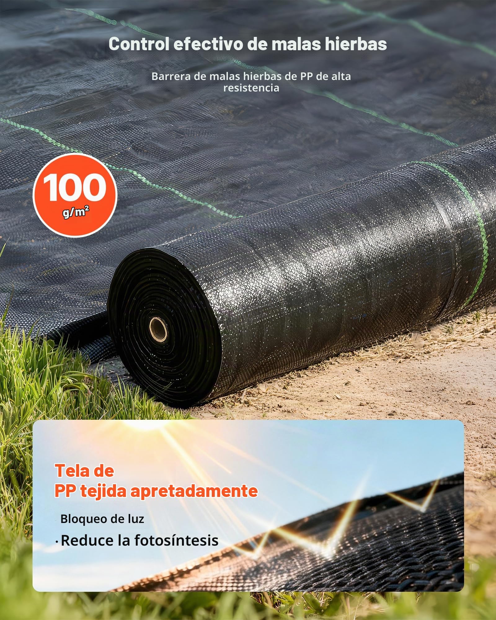 VEVOR Malla Antihierbas 2 x 50 m, 100 g/m², Tela Geotextil para Control de Maleza Polipropileno Tejido de Alta Densidad para Ventilación, Invernaderos, Exterior, Caminos de Grava, Drenaje y Jardines