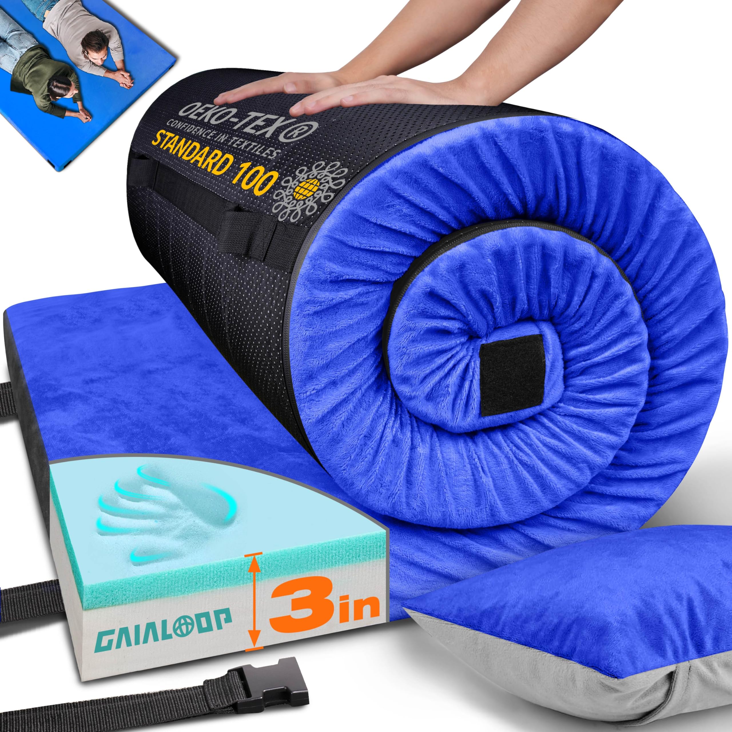 GAIALOOP 3 Inch Memory Foam Camping Mattress, Dual Layer Thick Sleeping Camp Pad for Car Tent Cot, Roll-Up Portable Glamping Floor Bed for Guests Sleepover[Full: 75 * 54 * 3"]