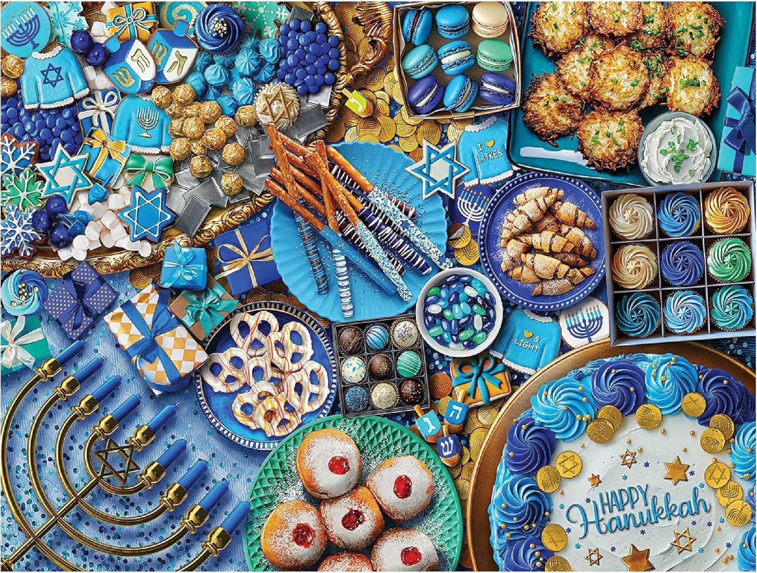 White Mountain 500 Piece Jigsaw Puzzle Fun Food Holiday Collage Puzzles with Large Pieces Gift for Jewish Adults and Family 18"x24" - Happy Hanukkah