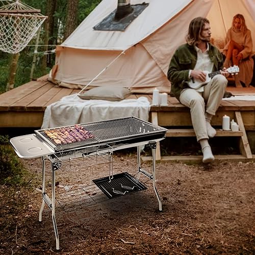 Miniatura 4 de Neature Parrilla de carbón portátil para camping, parrilla plegable de 26.8 pulgadas de alto con combustible de carbón para viajes y hogar