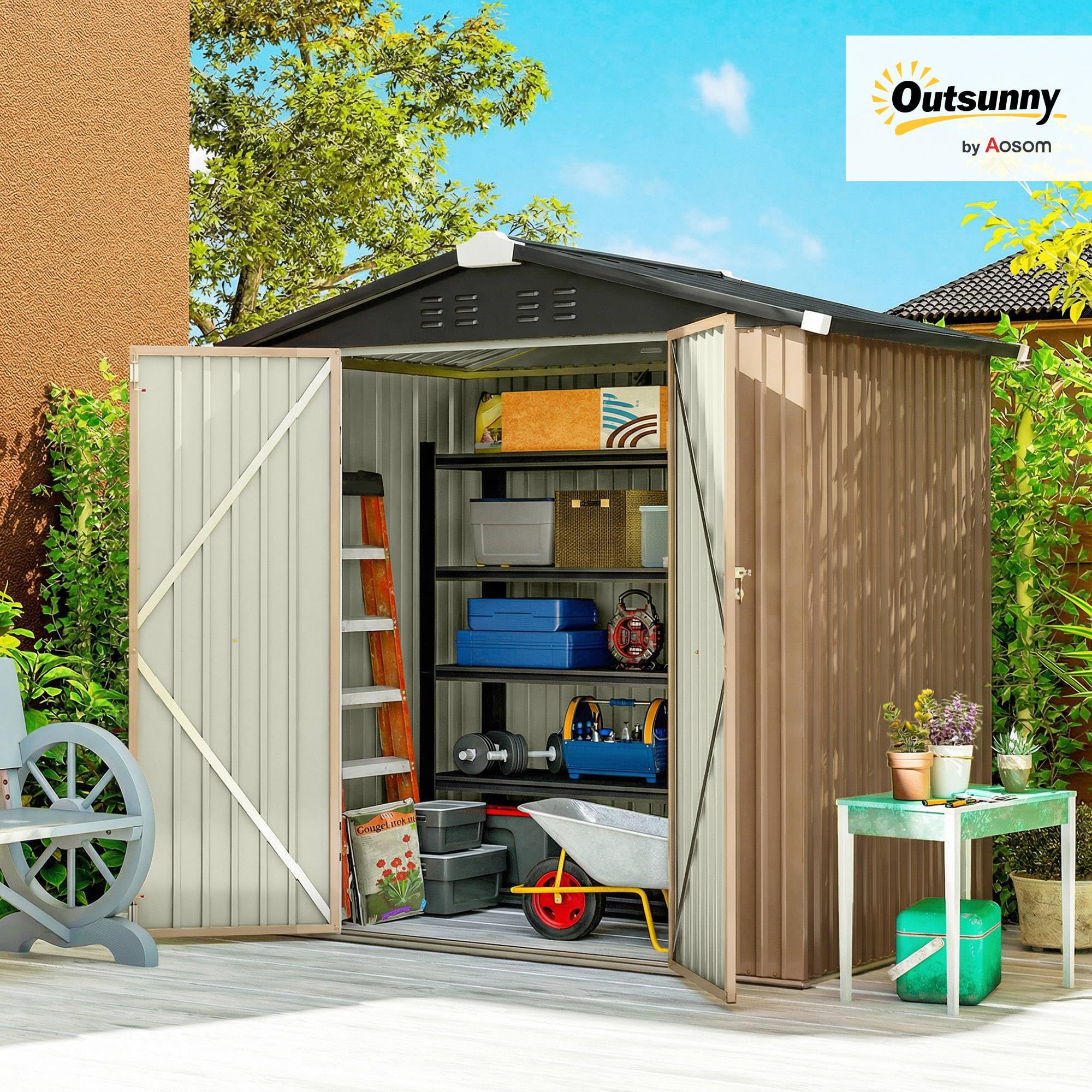 Outsunny 6.5' x 4' Outdoor Storage Shed, Metal Garden Shed with Lockable Double Doors, 4 Vents, Tool Storage House for Outdoor Patio Yard, Brown - 2