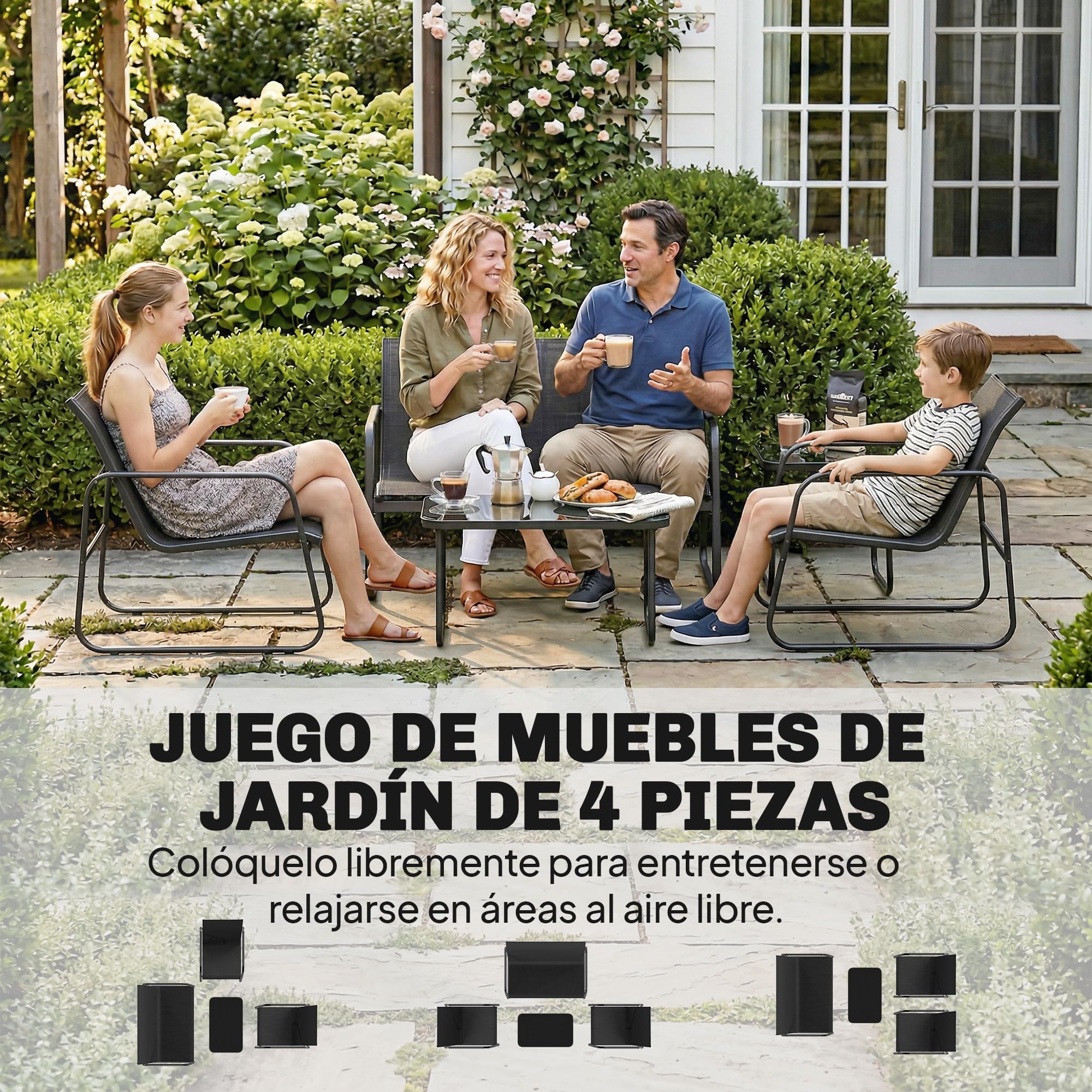 Outsunny Conjunto Jardín Exterior de 4 Piezas, Muebles Jardín Exterior con Sofá de 2 Plazas, 2 Sillones, Mesa de Vidrio Templado, Tela de Textilene Transpirable, Estructura de Acero, Gris Oscuro — view 3