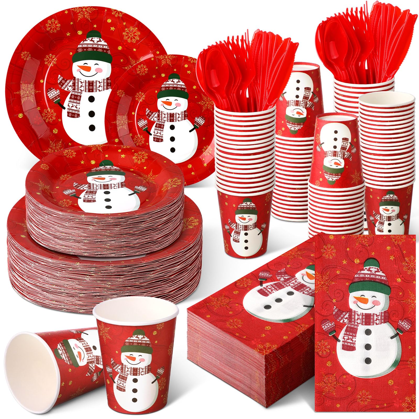 Christmas Snowman Party Supplies Set - Disposable Plates, Napkins, Cups, Cutlery For 25 Guests