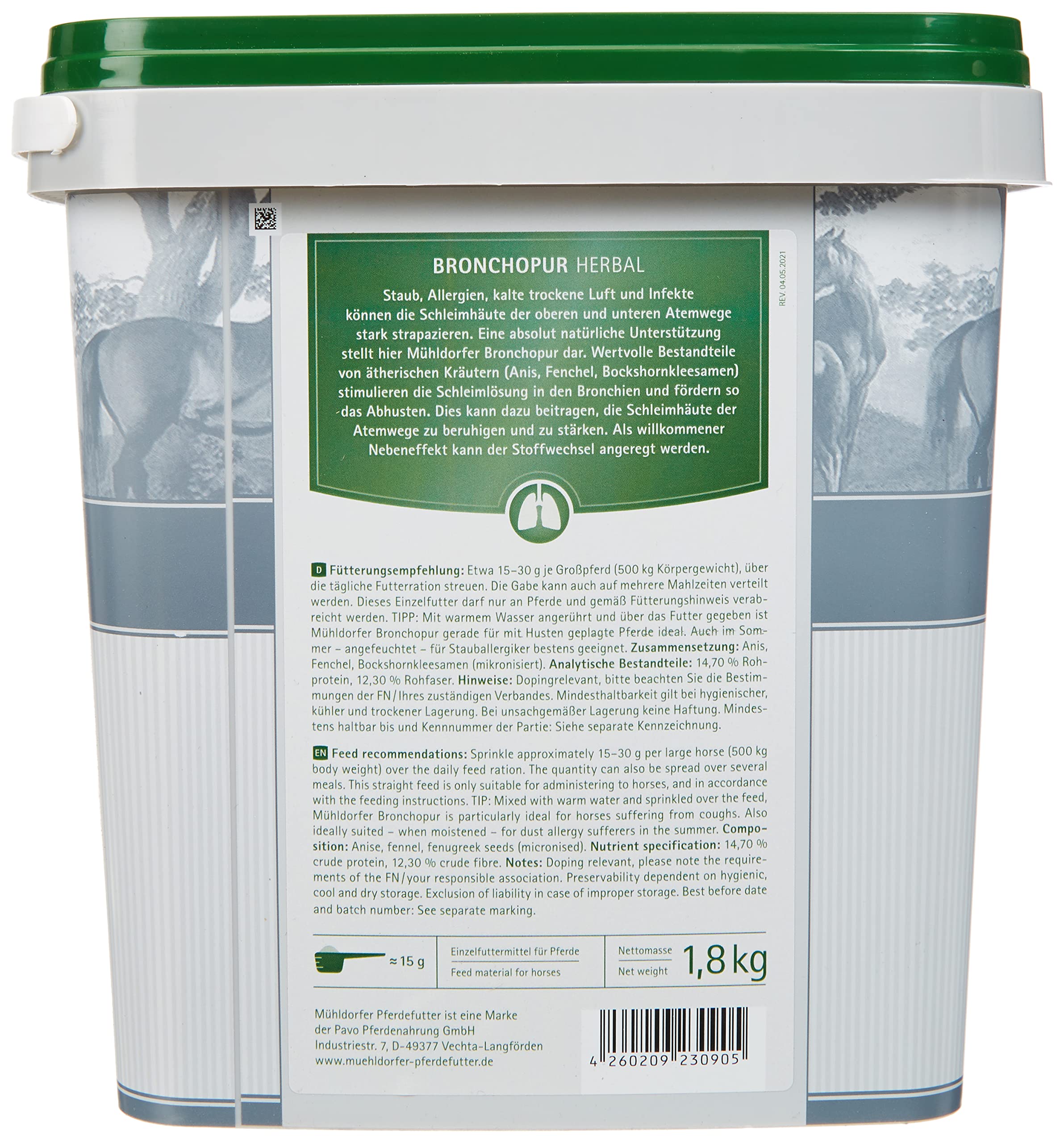 Mühldorfer Pferdefutter Mühldorfer Bronchopur Herbal - 1,8 kg - Fördert das Abhusten - Beruhigt Atemwege - Wohltuender Inhalier-Effekt