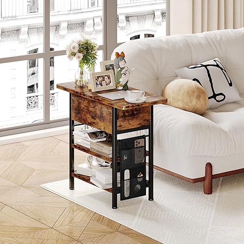 Miniatura 5 de Mesa auxiliar con estación de carga, mesita de noche abatible con puertos USB y tomas, mesa auxiliar de sofá con bolsa de tela y ganchos, mesita de