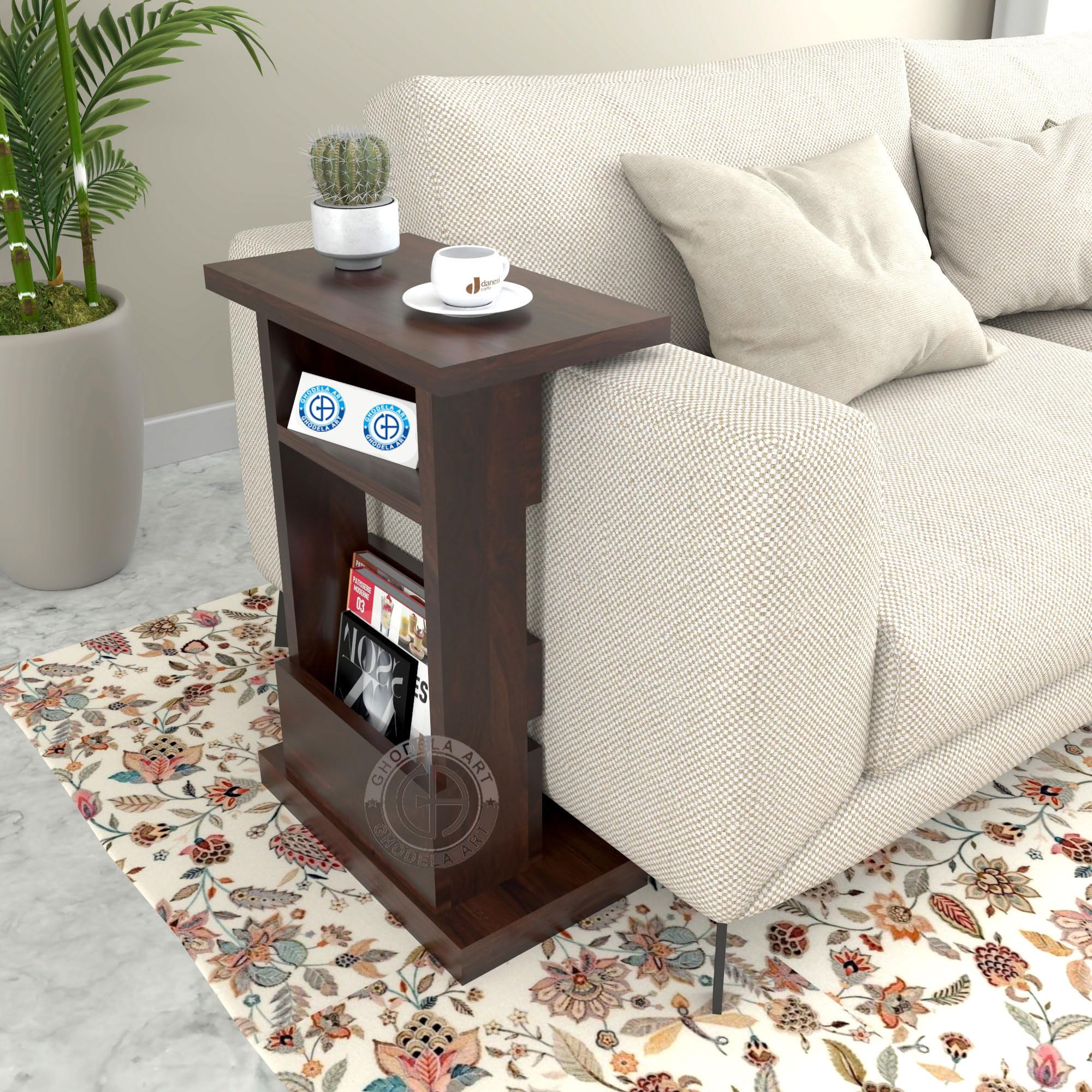 Sheesham Wood Bed Side Table with Shelf & Rack Storage for Bedroom Nightstand End Table for Living Room Home (Walnut Finish)-image-26