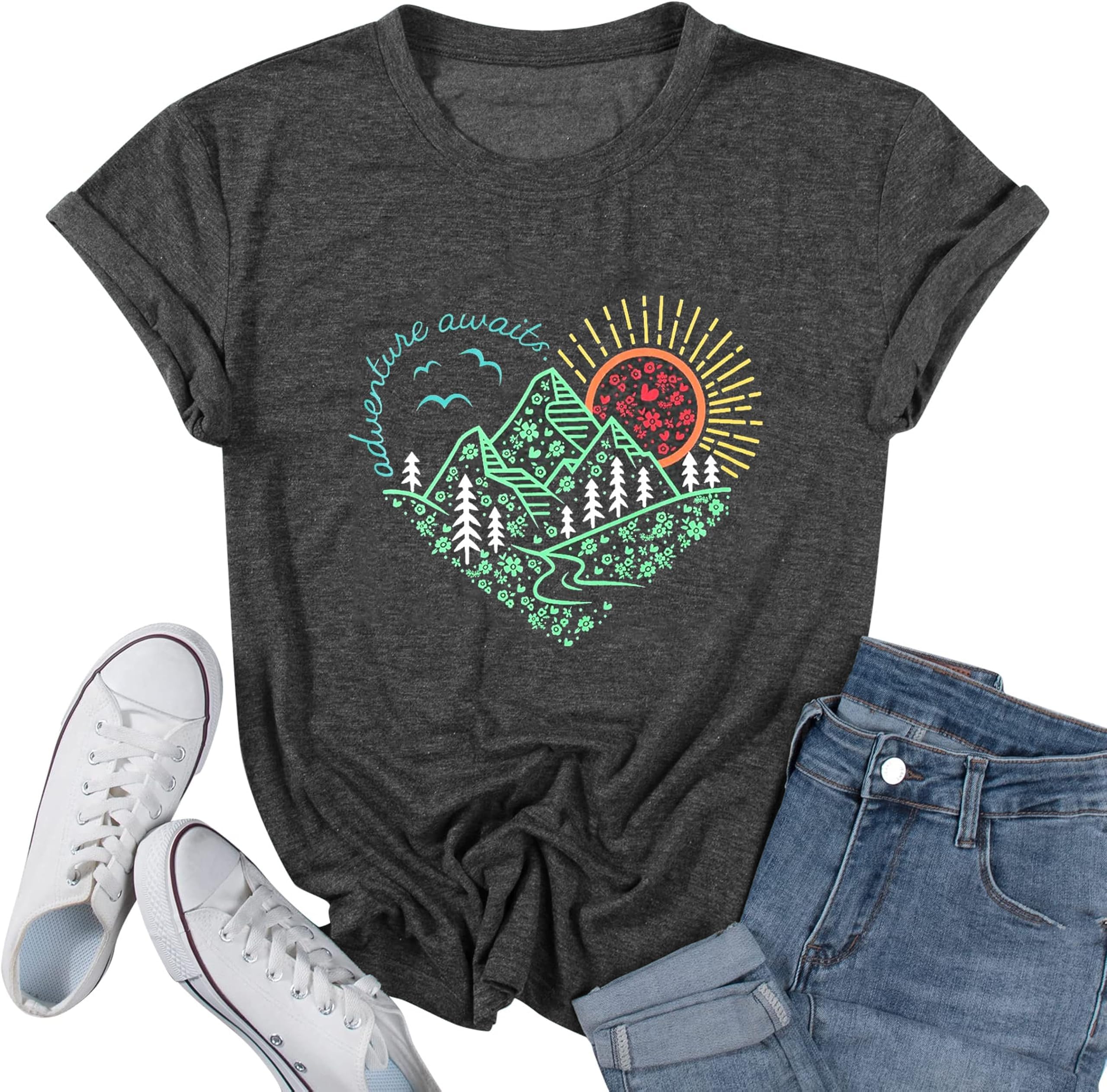 Women Adventure Awaits Outdoor Graphic Tee Shirt Kindness Heart Printed Hike Mountain Nature Travel Shirt Workout Tops