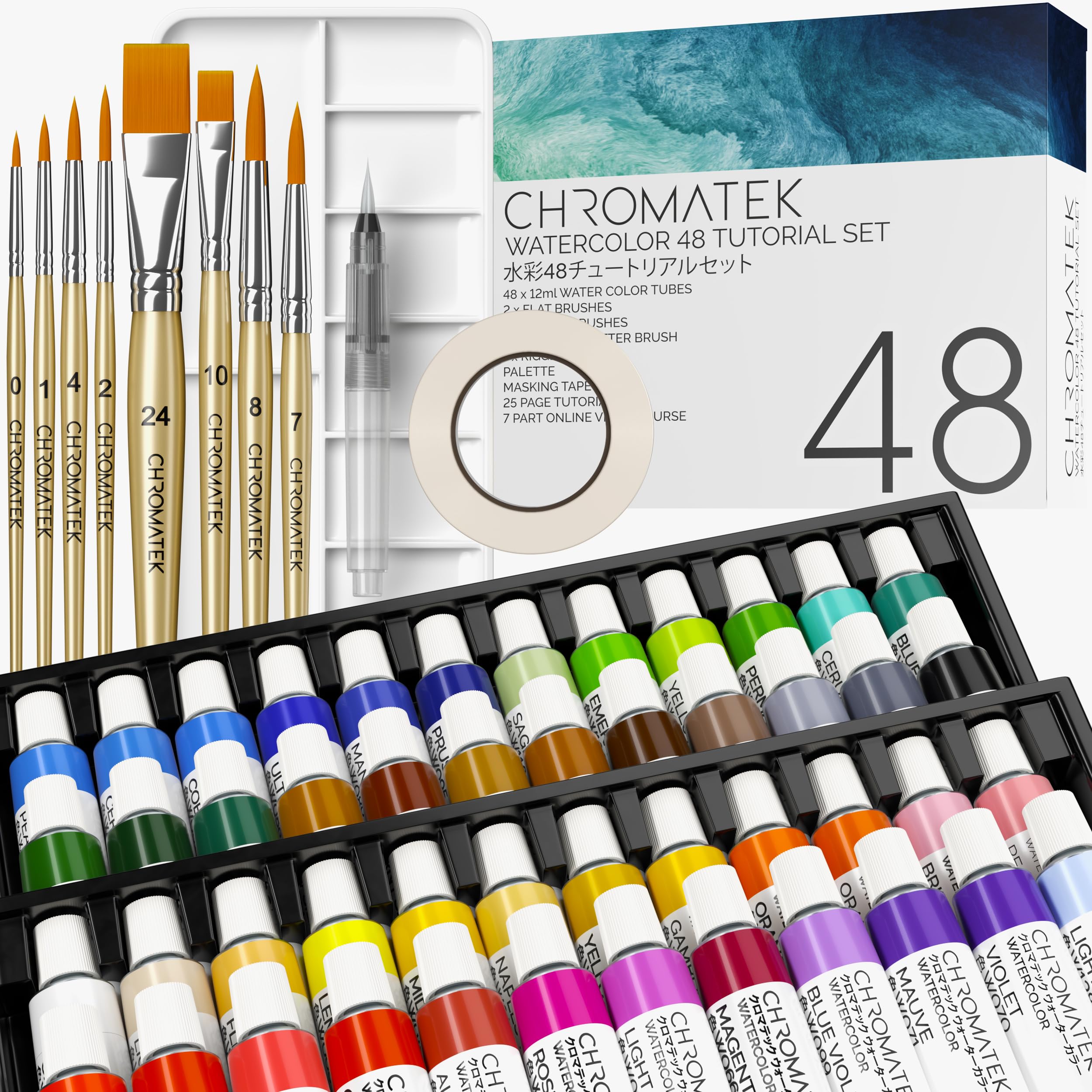 Chromatek Multiple Colors Watercolor Paint Set, 84 Piece Kit, Video Tutorial Course, 48 Tubes, Adults, Beginner & Professional Artists, Paper, 8 Brushes, Palette, Aquapen, Masking Tape, 12Ml Tubes