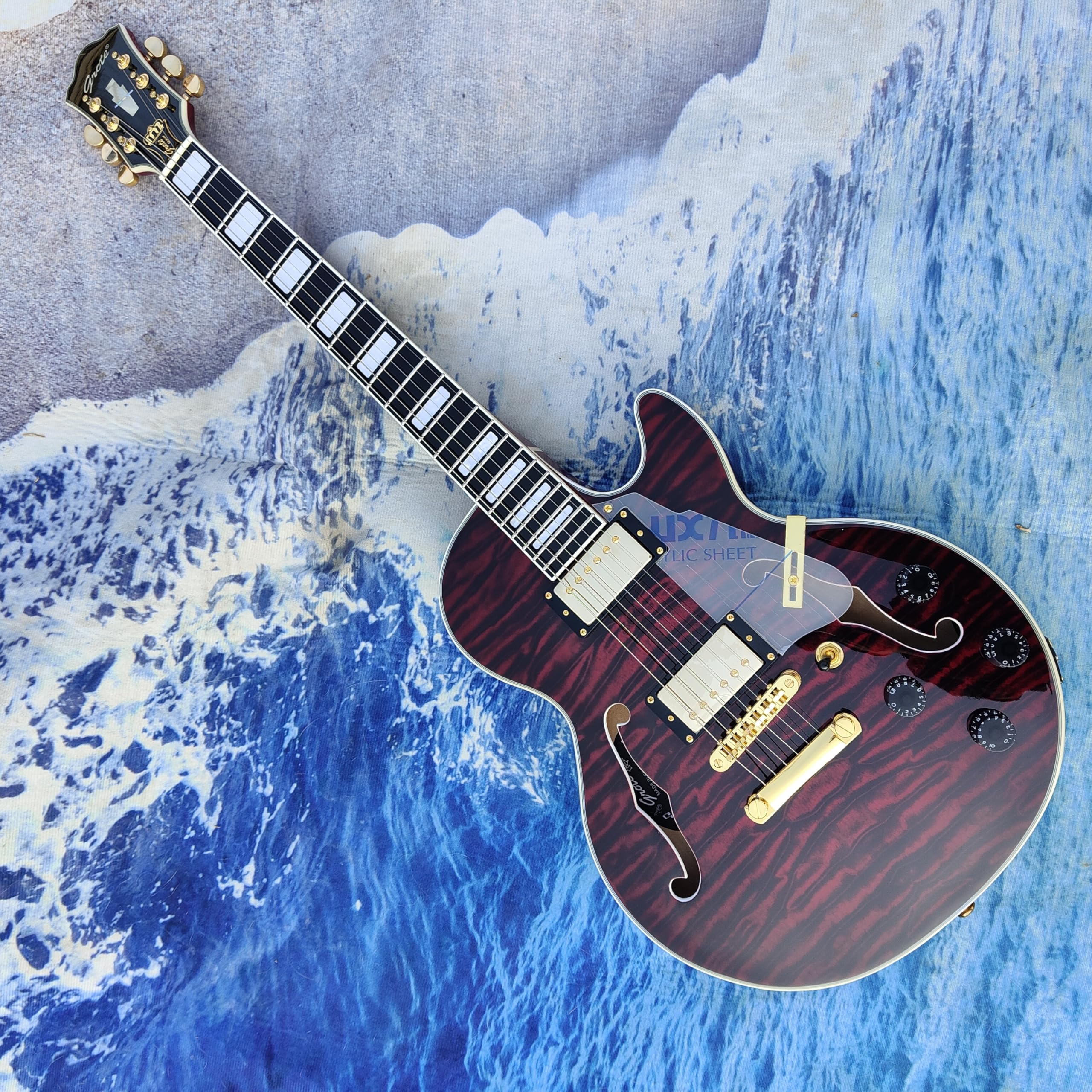 Semi-Hollow Electric Guitar, Quilted Maple Top,Wine Red Burst Finish, Gold Hardware