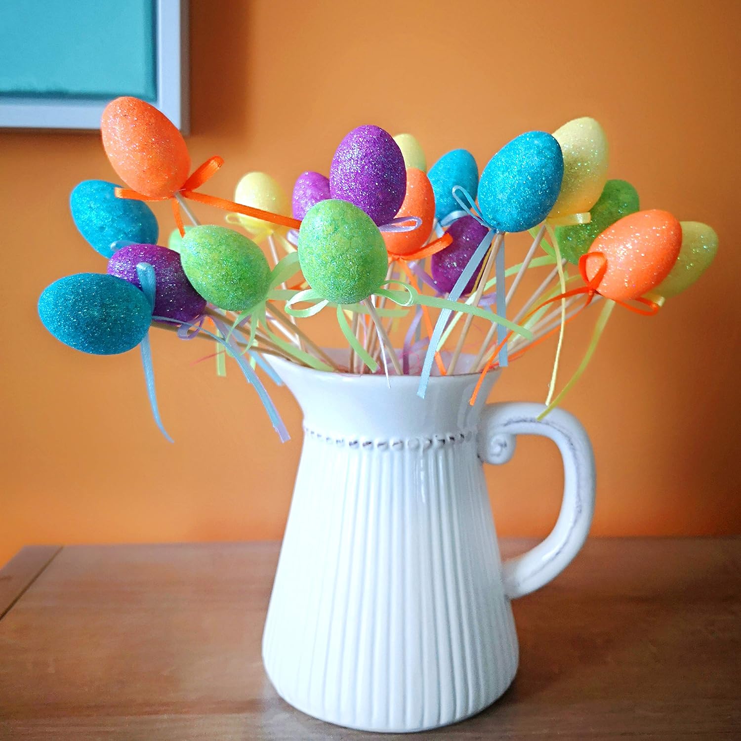 Bstaofy 20pcs Glitter Easter Egg Plant Picks Foam Crafts Wooden Stake Decoration Cake Topper Sticks Garden Ornament, Assorted Colors