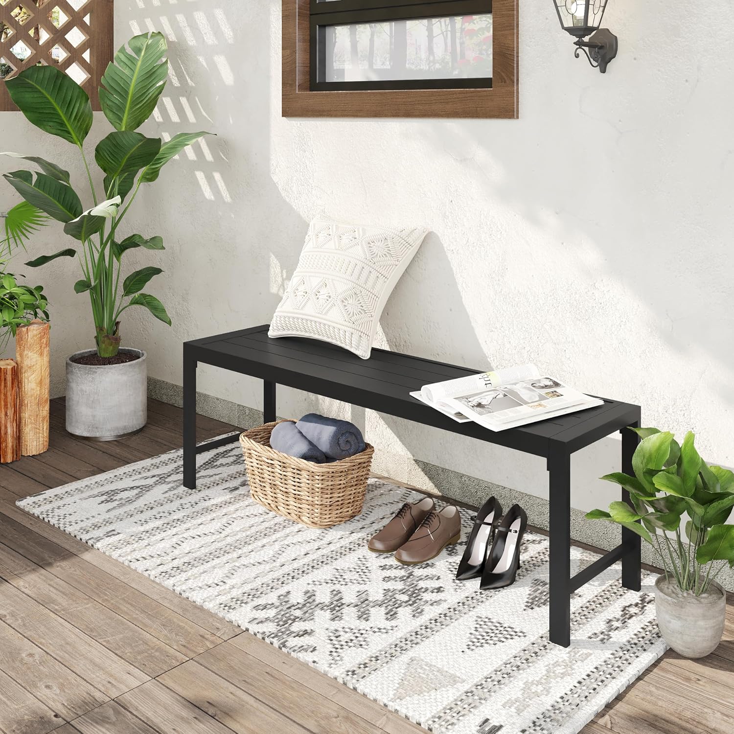 VICLLAX Outdoor Bench 2 Pieces, 51" Long Garden Bench, Backless Porch Patio Bench Metal Park Bench, Black