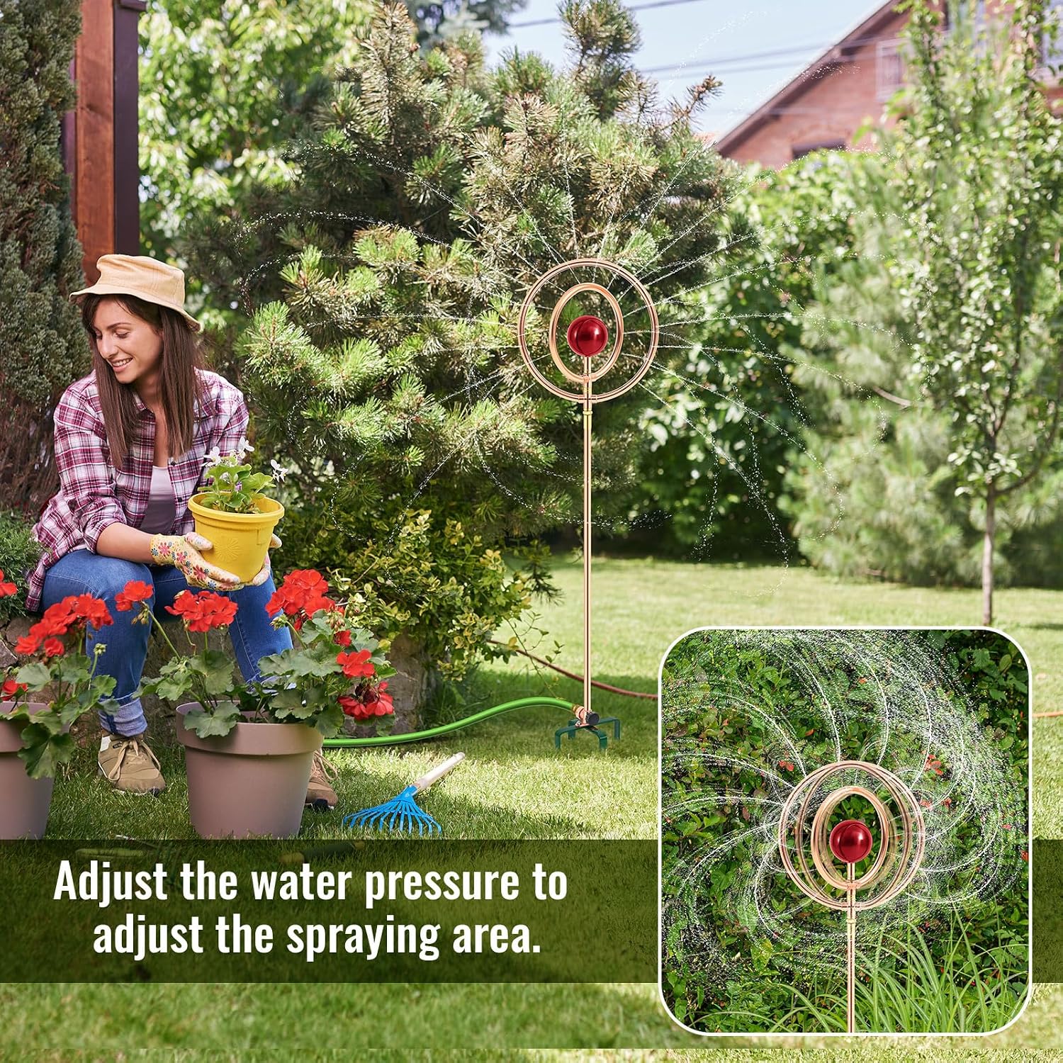 LemonRoad 1 Pack 41.4" H Garden Sprinklers Stainless Steel Ornamental Sprinkler 360 Degrees Motion Activated Decorative Sprinkler for Water Feature, Garden Art, and Lawn Art (Circle Style,Red)