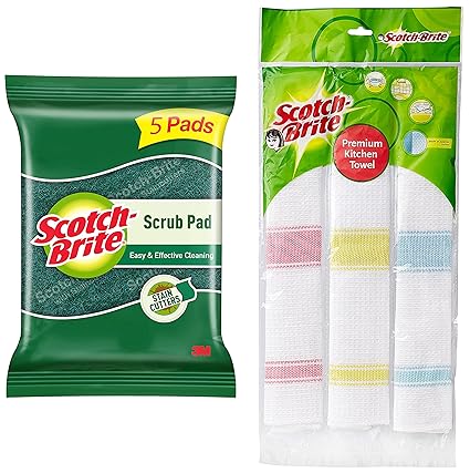 Scotch-Brite Cotton Kitchen Towels (Green, Pack of 3) (IA840188337) Scrub 5 Pad (Green)