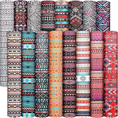 Weewooday 16 hojas de piel sintética a cuadros a rayas, estilo bohemio, vintage, estilo bohemio, hojas de tela de cuero, geometría sintética para