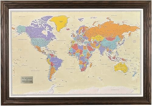 Vista 50 de Lienzo - Mapa de viaje personalizado Tan Oceans World Push Pin con marco negro