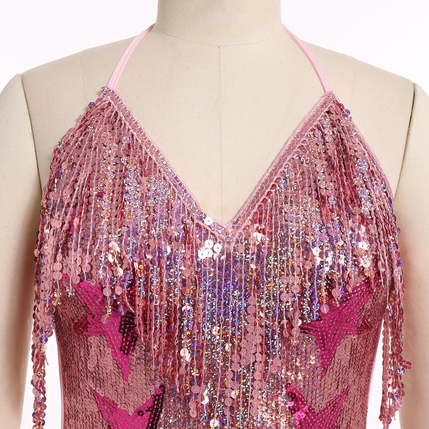 IWEMEK Sequin Sparkle Stars Fringes Bodysuit Leotard Rave Outfit for Women Music Festival Latin Dance Tassel Fringe Romper - Image 4