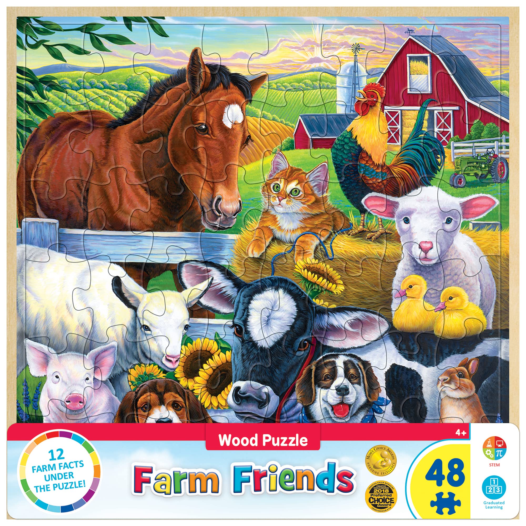 Masterpieces 48 Piece Fun Facts Jigsaw Puzzle for Kids - Farm Friends Wood Puzzle - 12"x12"