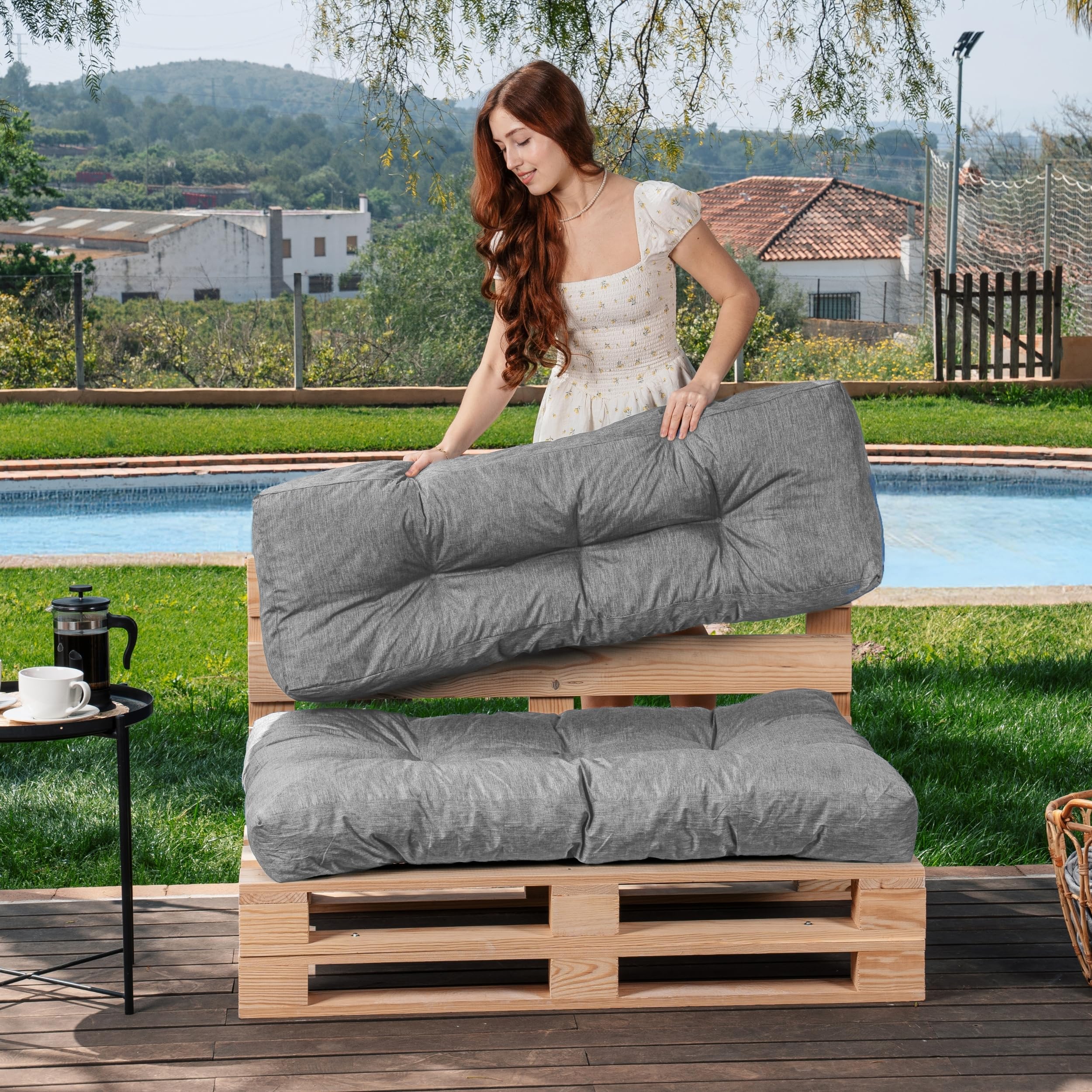 bananair - Coussin Palette Extérieur Confortable - Tissu Résistant, Anti-UV & Déperlant - Coussin Salon de Jardin Extérieur, Balcon, Terrasse (Lot Assise + Dossier, Gris)