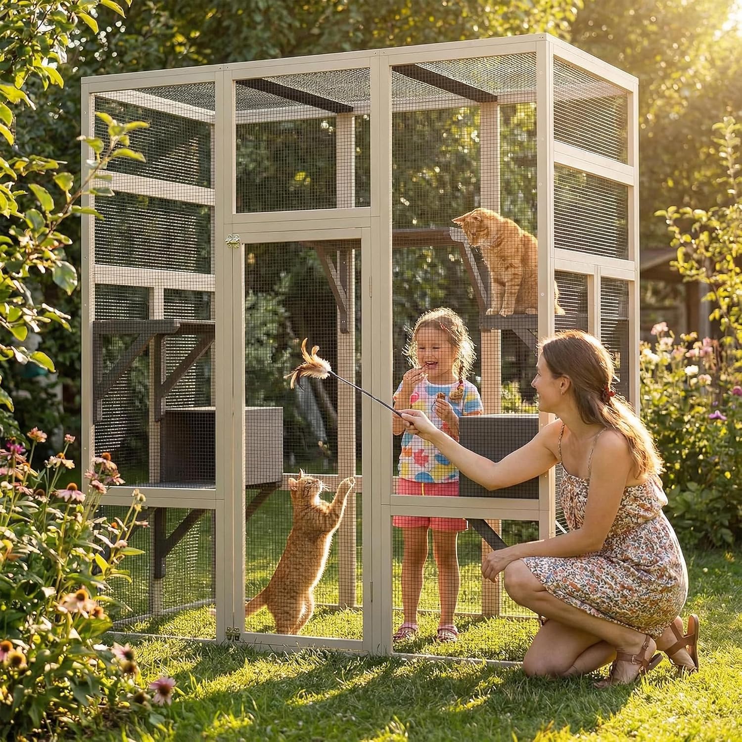 Garvee 70-Inch Large Catio Enclosure, UV-Protected, Wooden Frame and Rust-Resistant Steel Mesh, Cat House with 2 Lounging Boxes and Platforms, for Patio or Backyard