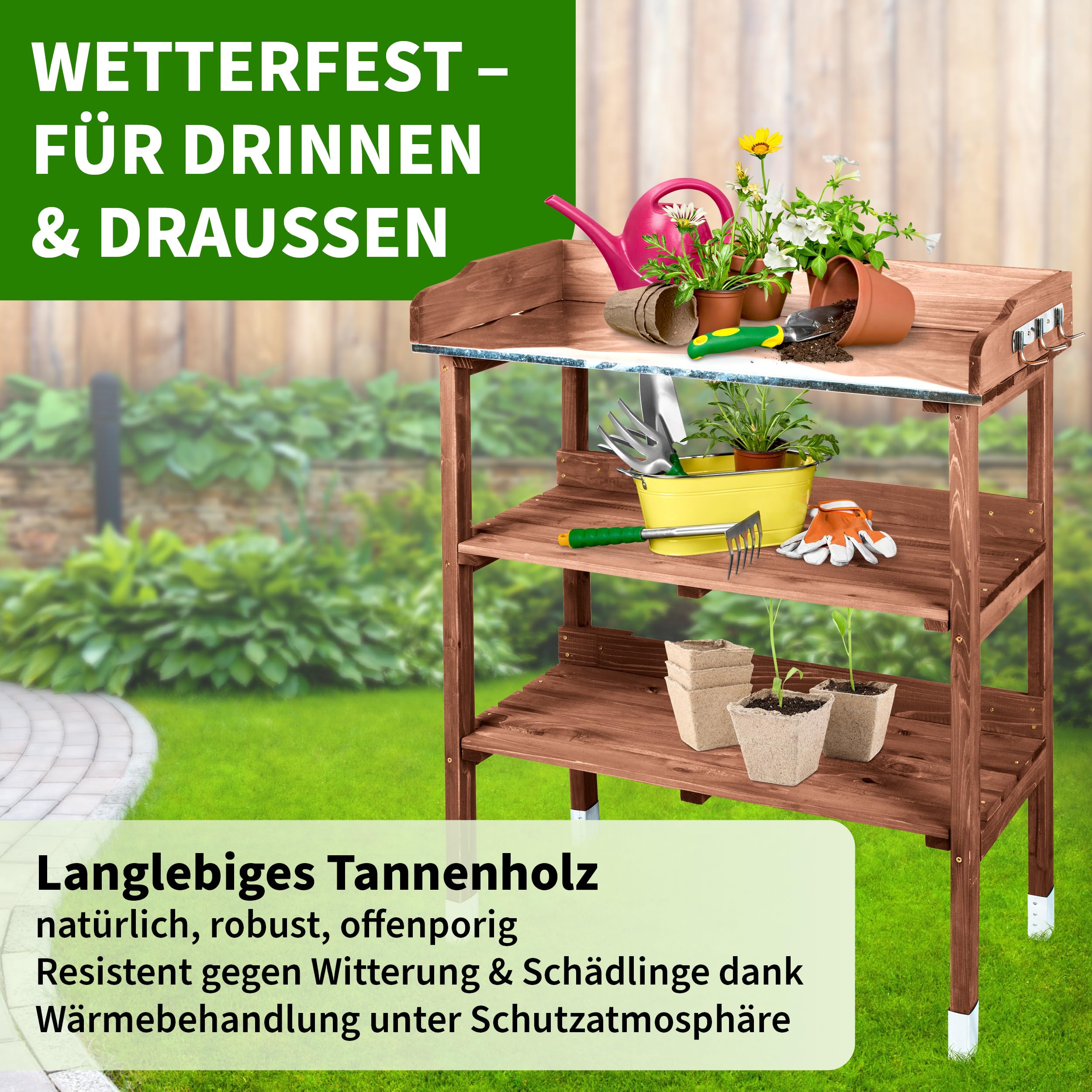 TTL Garden Planter Deluxe Table de jardinage 3 tiroirs plan de travail galvanisé extérieur résistante intempéries étagère 6 crochets bois sapin marron