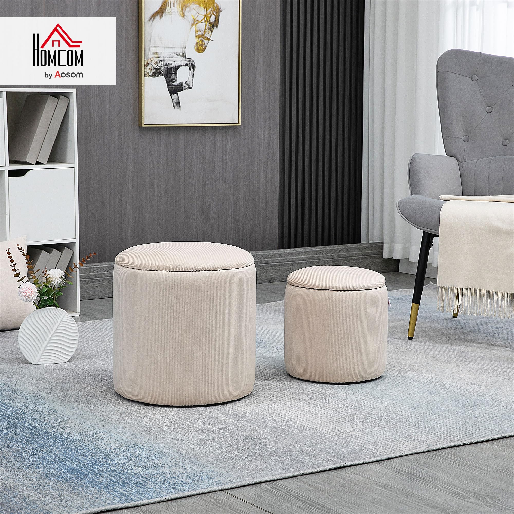 HOMCOM Set di 2 Pouf Contenitore Salvaspazio in Velluto a Coste, Sgabelli Imbottiti Rotondi con Coperchio per Salotto e Camera da Letto, Pouf Poggiapiedi Moderno, Carico 100kg, Bianco Crema