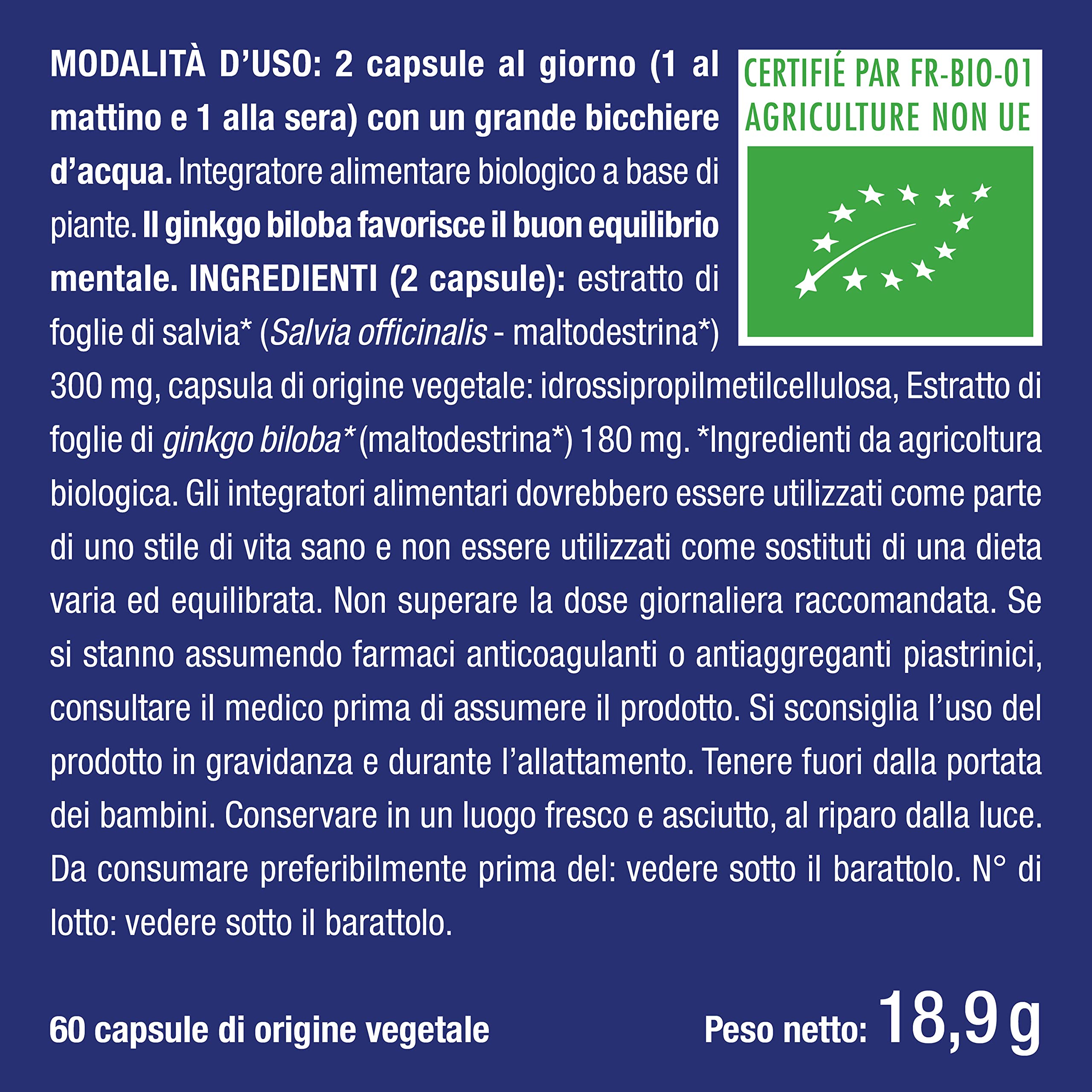 Ginkgo Biloba Biologico | Integratore per Memoria e Concentrazione | Aumenta le Prestazioni Cerebrali | Con Salvia Biologica