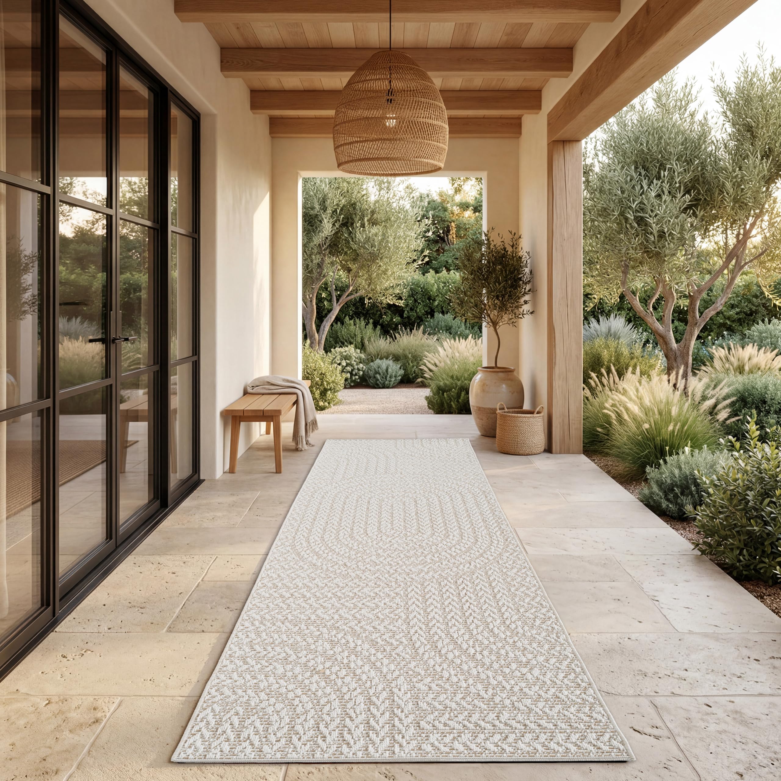 Paco Home Outdoor Rug Weatherproof Balcony Kitchen Rug Living Room Boho Design Solid Sisal Look Rainbow Pattern Modern Cream, Size:80x250 cm โ image 1
