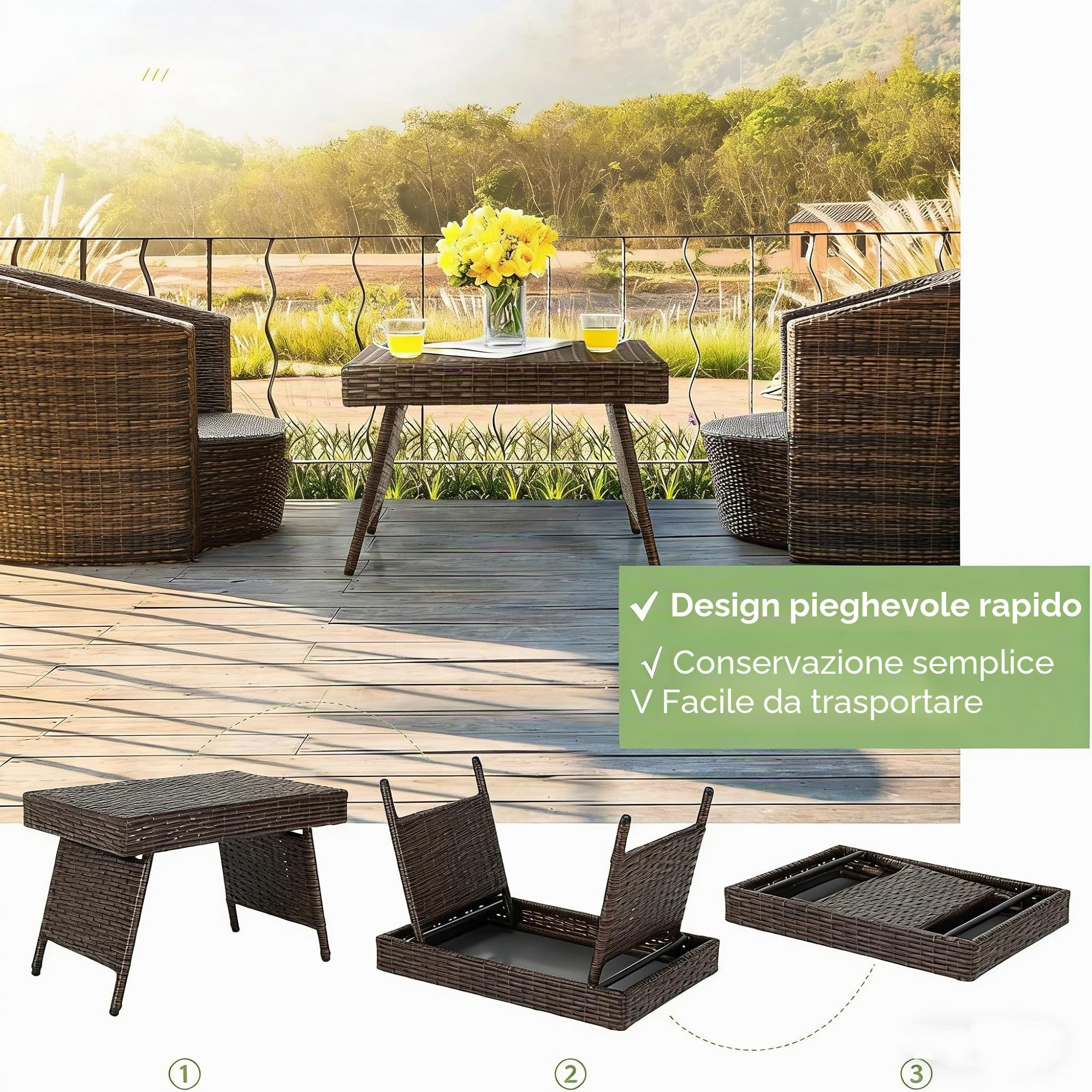 LIFEZEAL Tavolino da caffé, in Rattan PE, Tavolino per Salotto da Giardino Esterno, 60 x 40 x 40 cm, Tavolo Piccolo e Pieghevole, mobili Salvaspazio portile, per Terrazza Balcone e Patio, Marrone