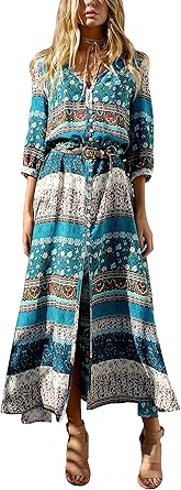R.Vivimos Women's Summer Boho Button Up V Neck Floral Print Roll Up Causal Split Beach Midi Dresses