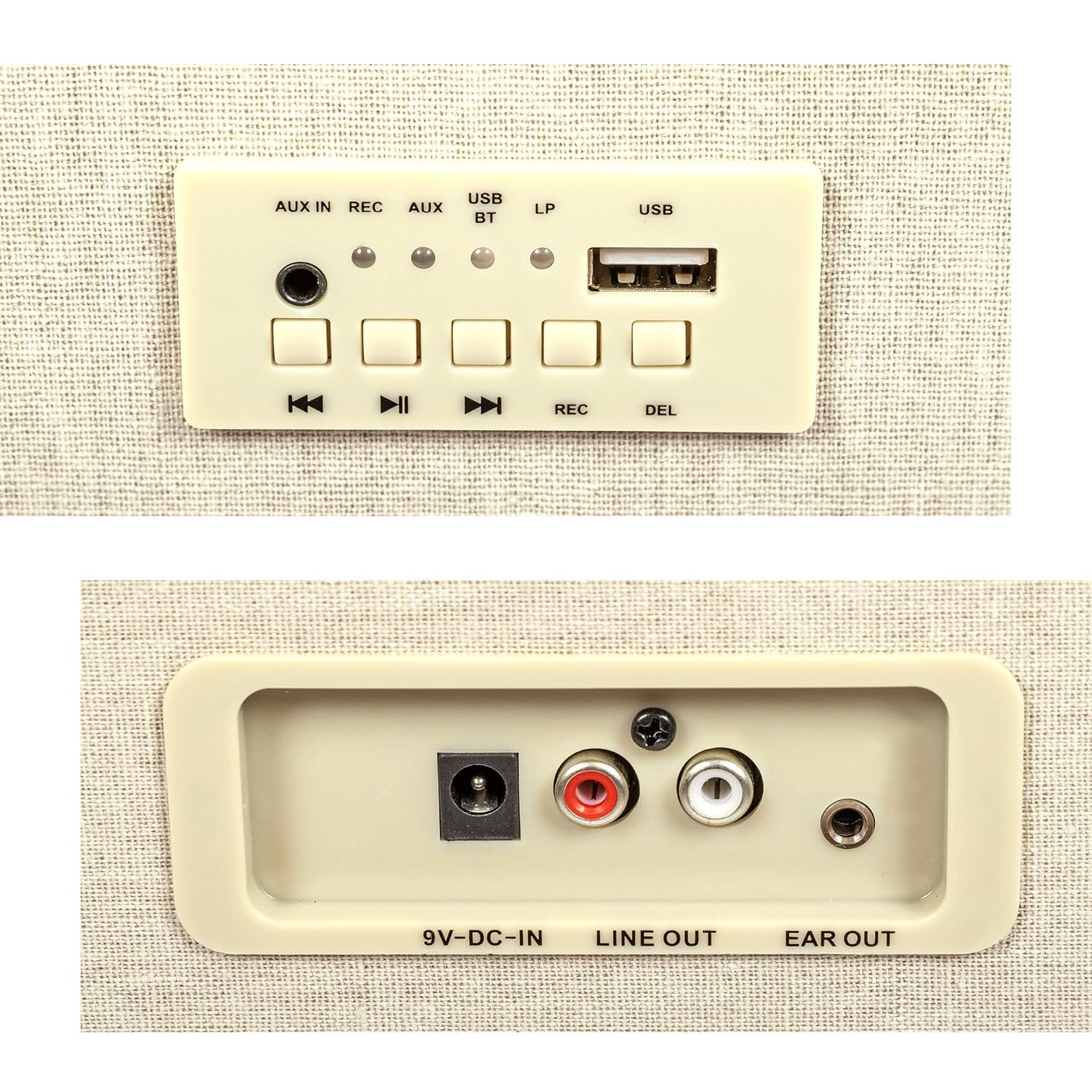 Close-up of the rear panel connections of the GPO Bermuda Classic Turntable.
