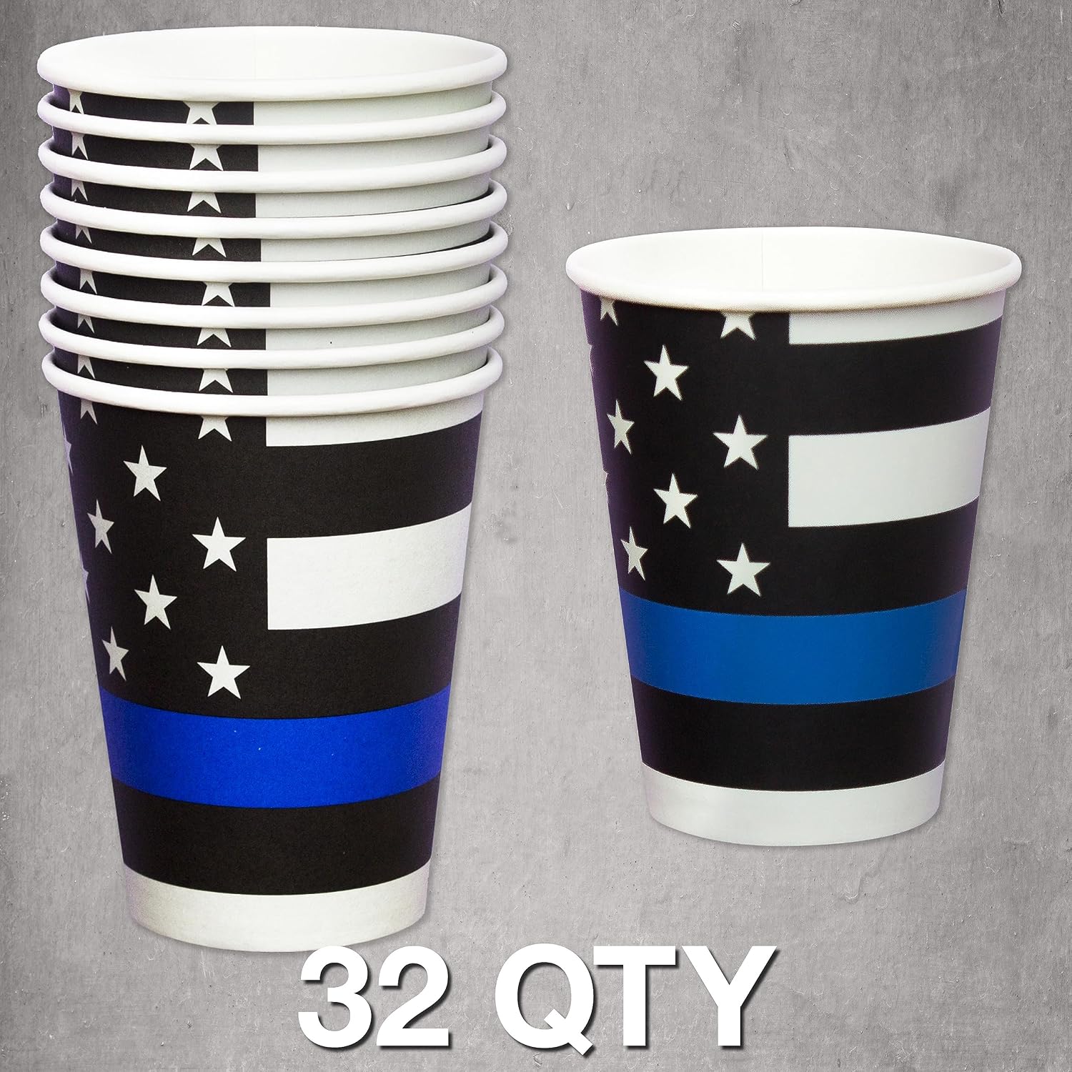 Havercamp Police Thin Blue Line Cups-32 Pack-12 Oz-Heavy Duty Paper | Set of 32 heavyweight paper cups with Thin Blue Line design for police retirements, birthdays, and community celebrations.