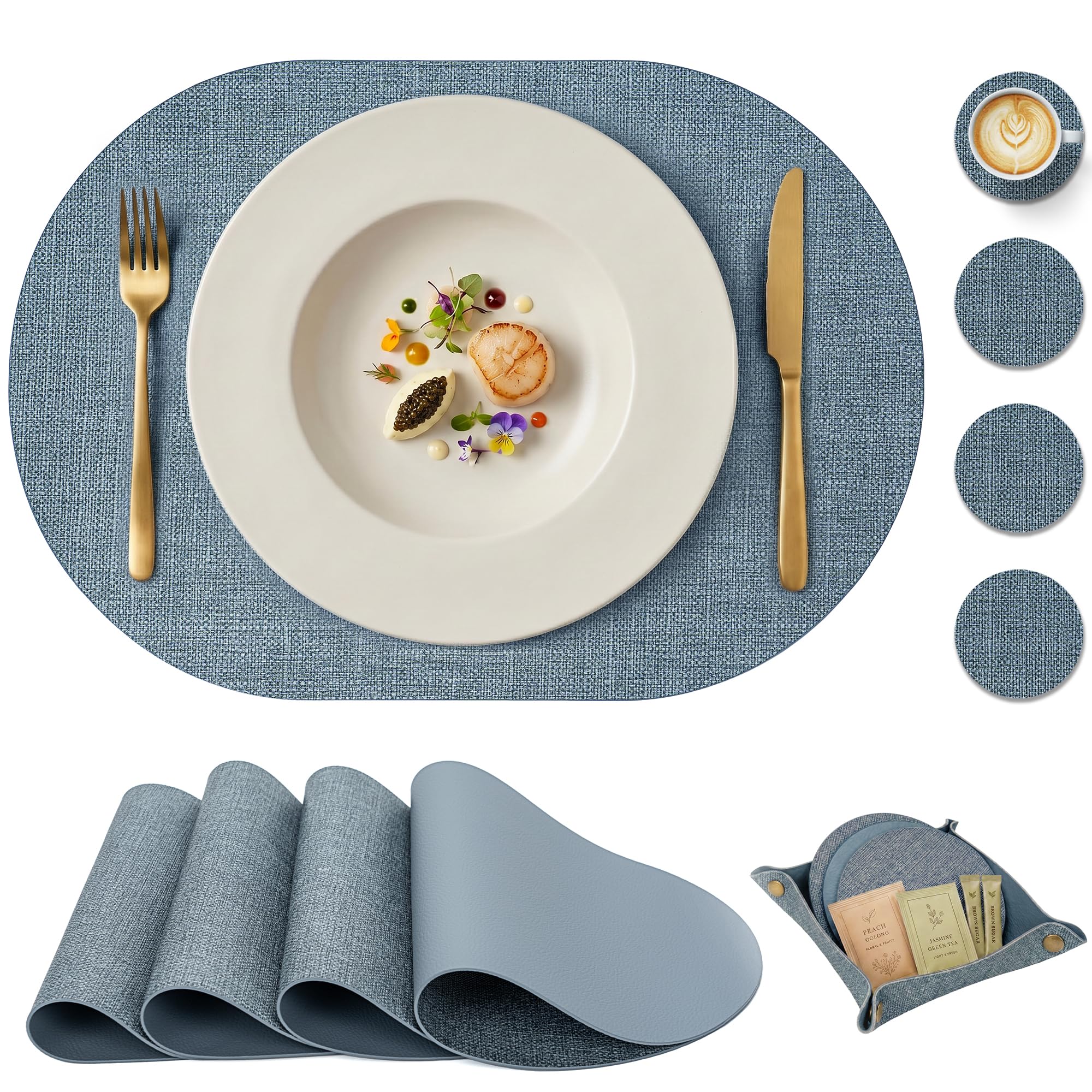 PROMATTOO Faux Leather Placemats Set of 4 with Coasters and Storage Tray, Linen Look Wipe Clean Table Mats, Water and Heat Resistant, Non Slip for Kitchen and Dining Table, 43 x 30 cm
