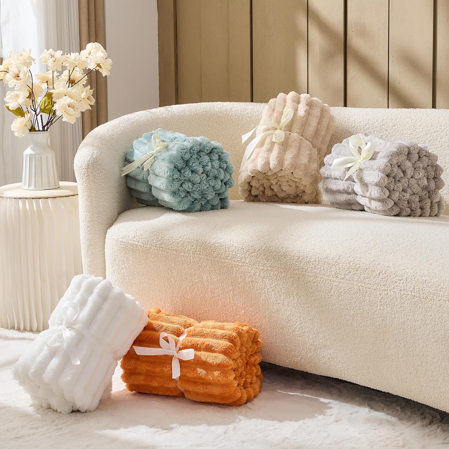 Simple&Opulence Flannel Throw Blanket for Couch - Super Soft 3D Striped Jacquard Fluffy Blanket for Bed, Fleece Lightweight Cozy Throw for All Seasons (50"x60", Beige) - Image 4