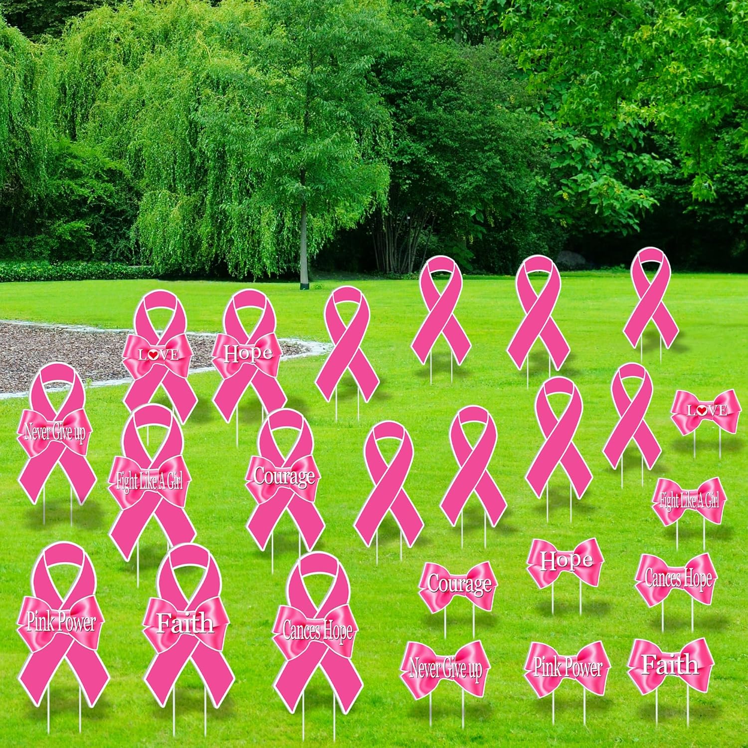 Aodaer 16 Pieces Breast Cancer Awareness Yard Signs 14.2 x 7.9 Inch Hope Pink Ribbon Lawn Sign with 48 Pieces Stakes Plastic Waterproof Outdoor Yard Signs for Breast Cancer Awareness Party Decorations