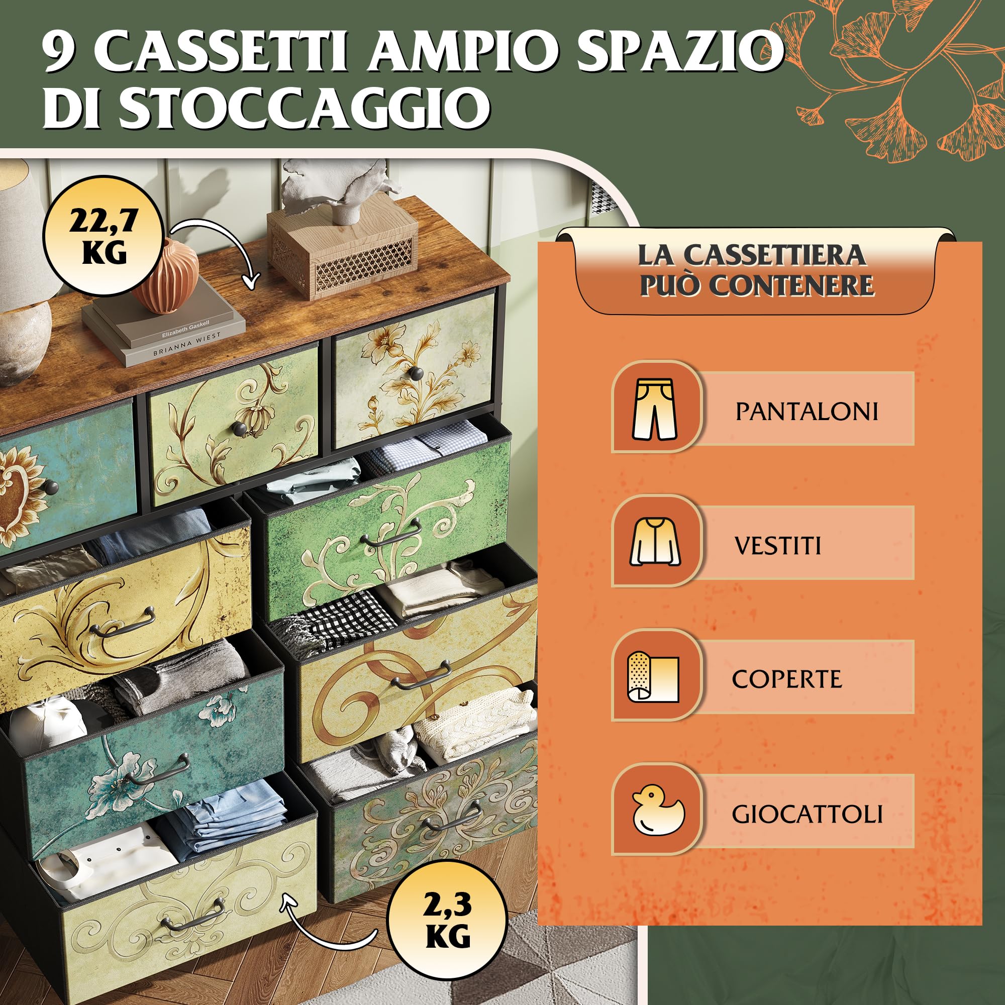 WLIVE Cassettiera in Tessuto con 9 Cassetti, Cassettiera Camera da Letto, Vano Contenitore, Struttura in Acciaio Ideale per Soggiorno, Corridoio, Facile Installare (Boemia, 9 Cassetti)